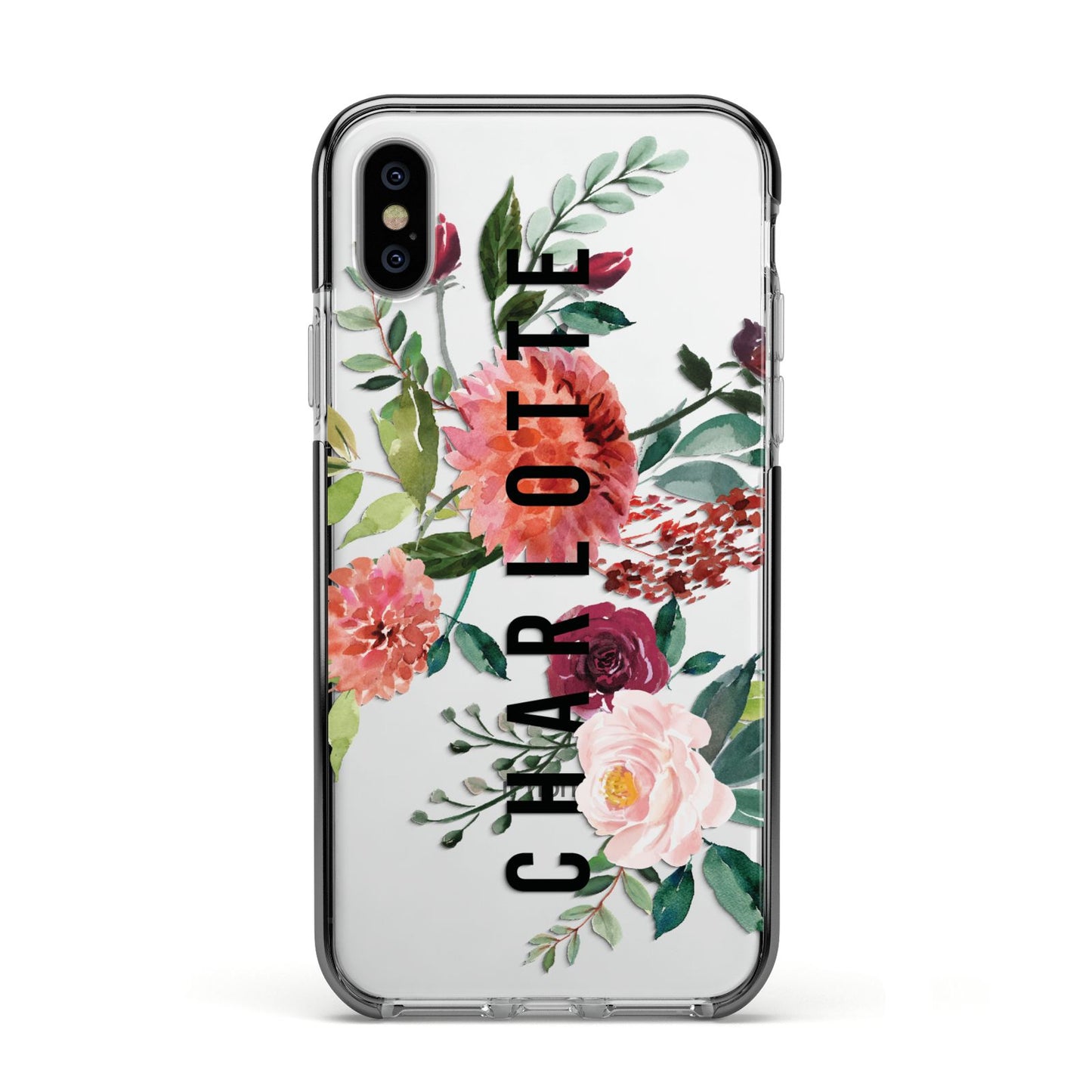 Personalised Side Name Clear Floral Apple iPhone Xs Impact Case Black Edge on Silver Phone