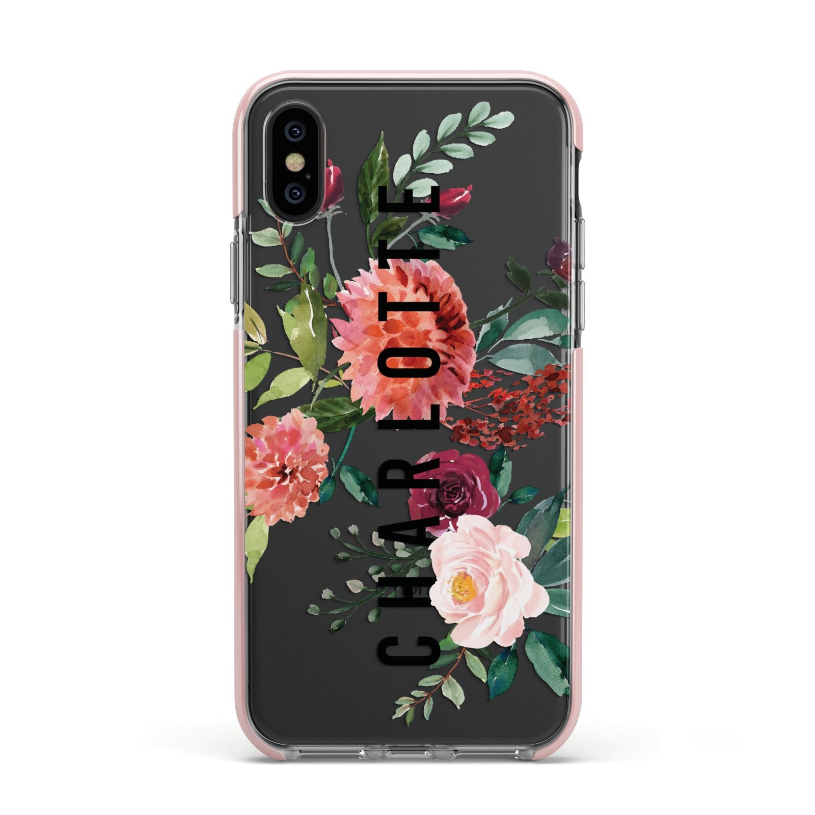 Personalised Side Name Clear Floral Apple iPhone Xs Impact Case Pink Edge on Black Phone