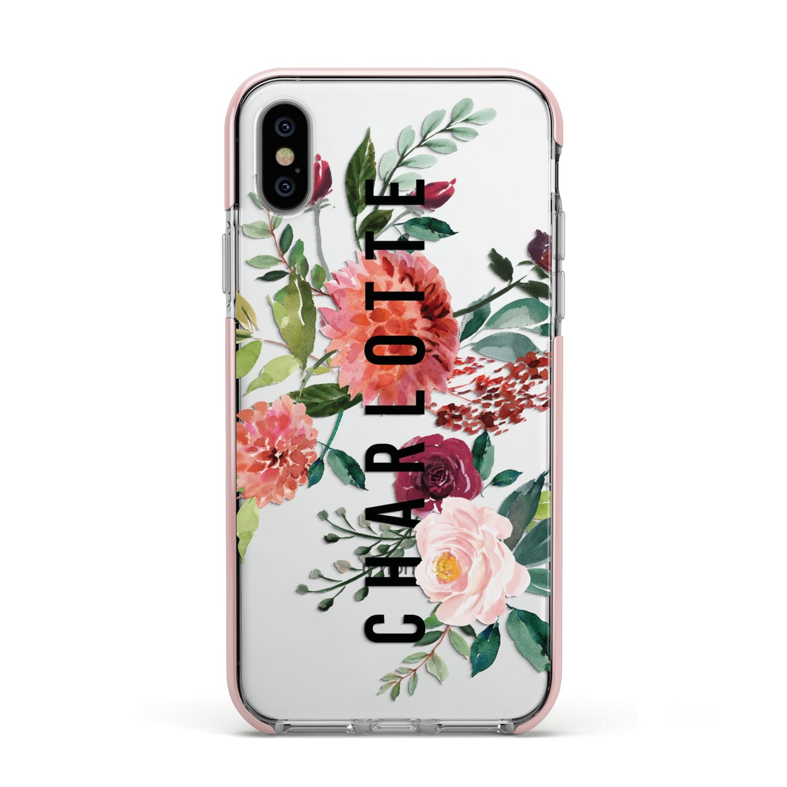 Personalised Side Name Clear Floral Apple iPhone Xs Impact Case Pink Edge on Silver Phone