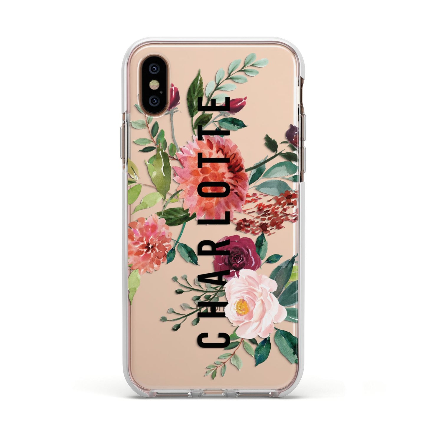 Personalised Side Name Clear Floral Apple iPhone Xs Impact Case White Edge on Gold Phone