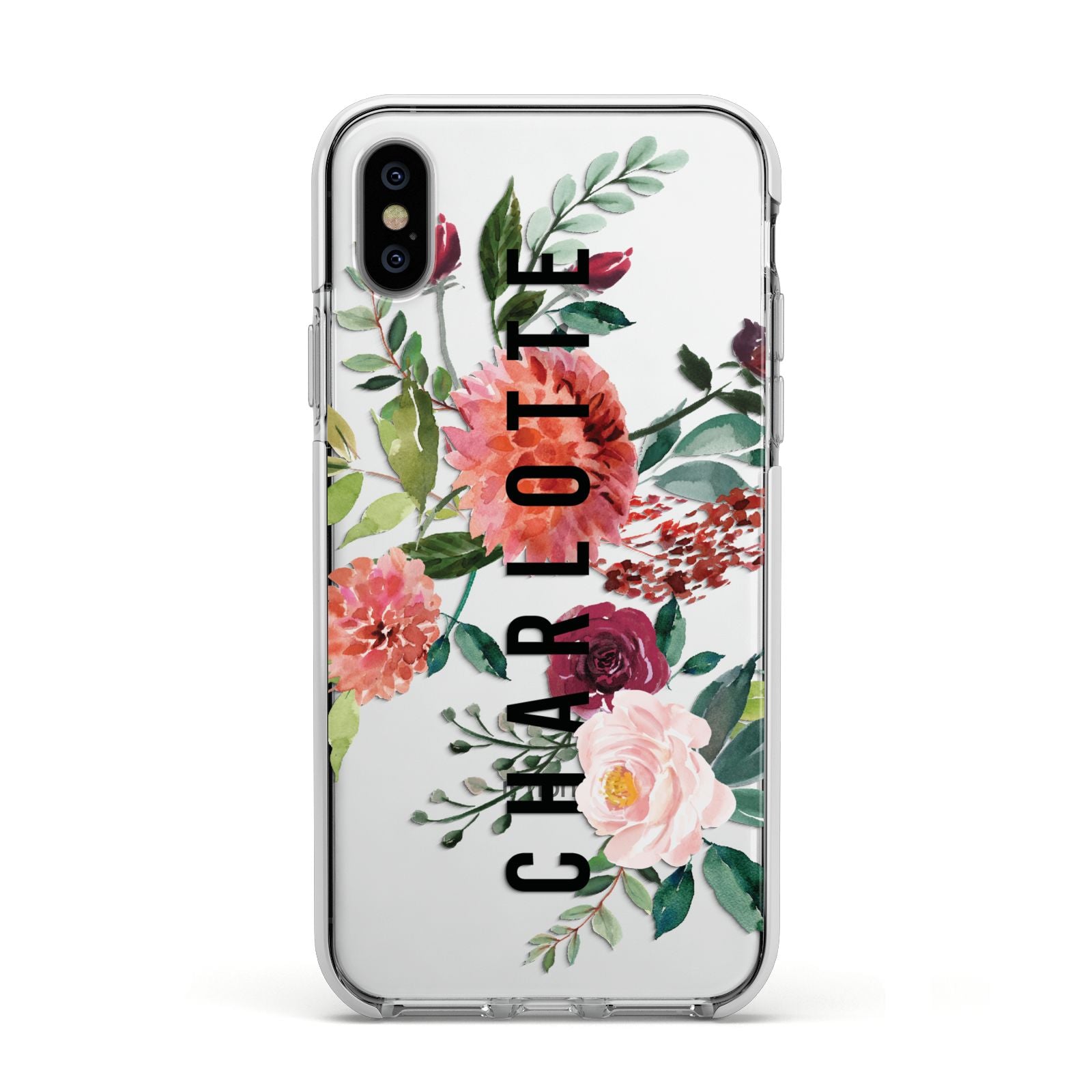 Personalised Side Name Clear Floral Apple iPhone Xs Impact Case White Edge on Silver Phone
