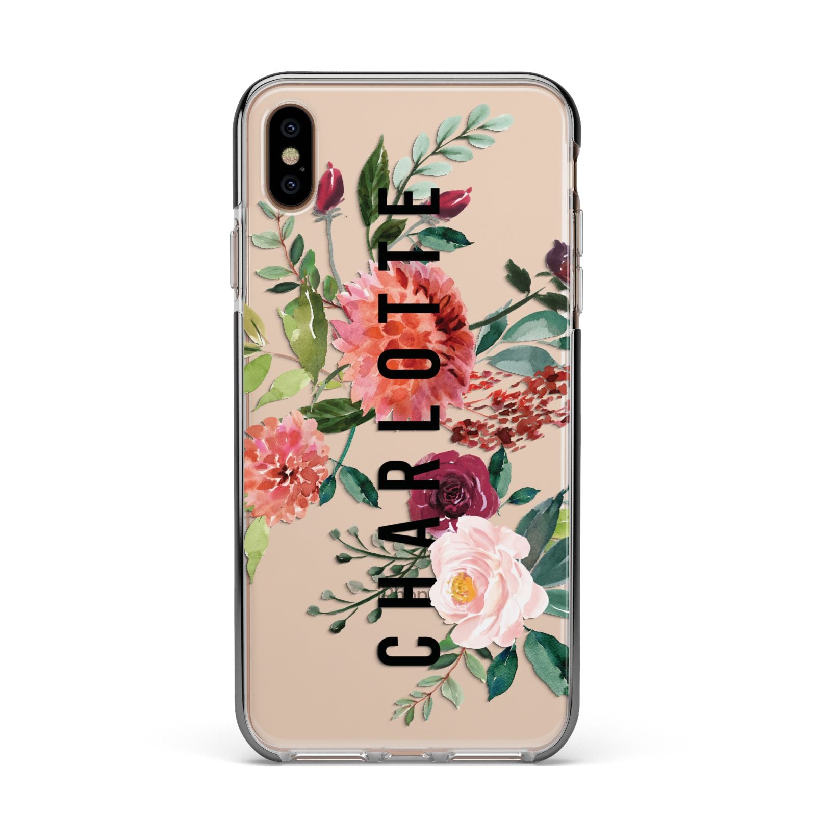 Personalised Side Name Clear Floral Apple iPhone Xs Max Impact Case Black Edge on Gold Phone