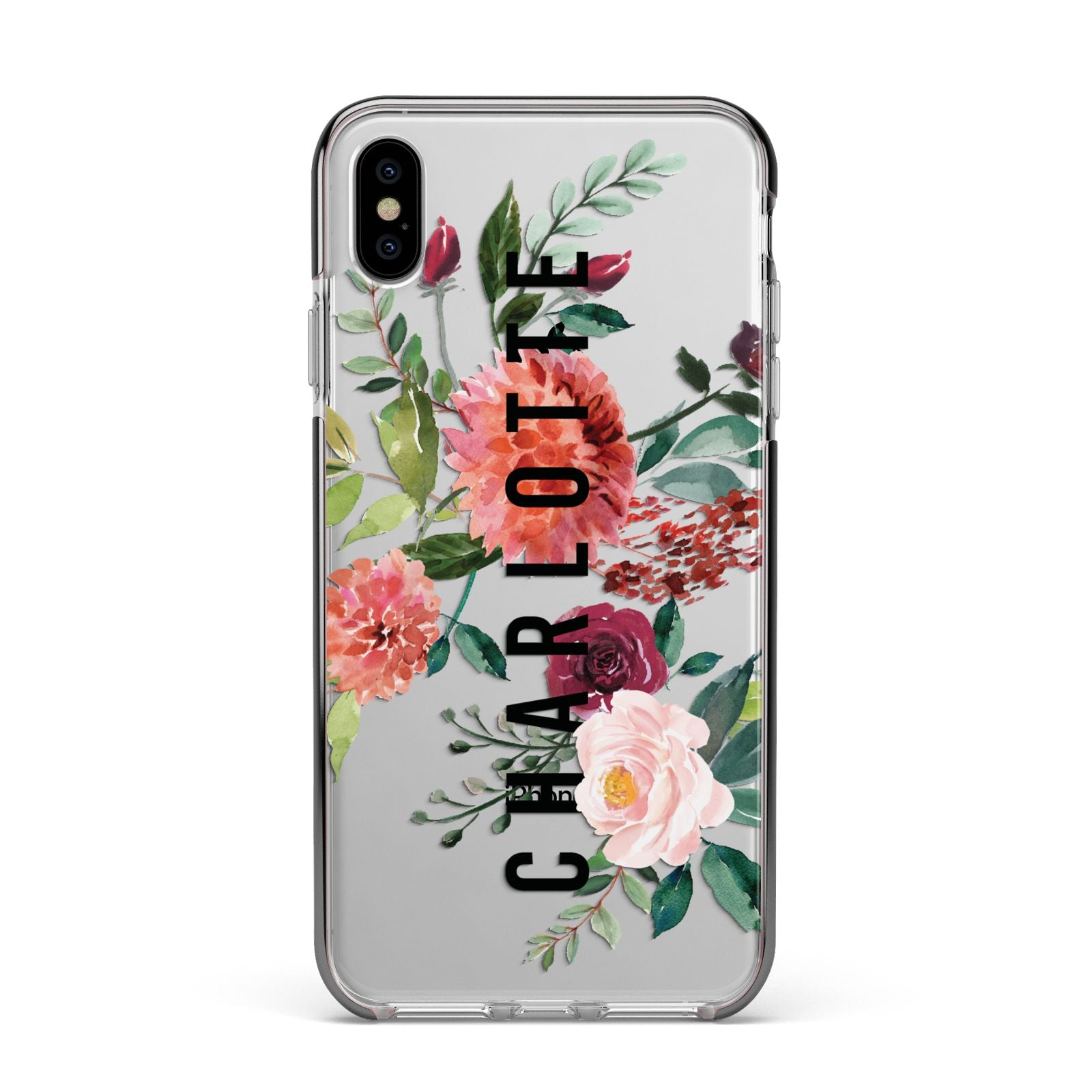 Personalised Side Name Clear Floral Apple iPhone Xs Max Impact Case Black Edge on Silver Phone