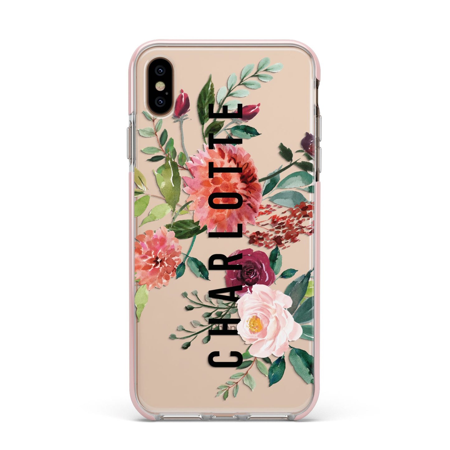 Personalised Side Name Clear Floral Apple iPhone Xs Max Impact Case Pink Edge on Gold Phone