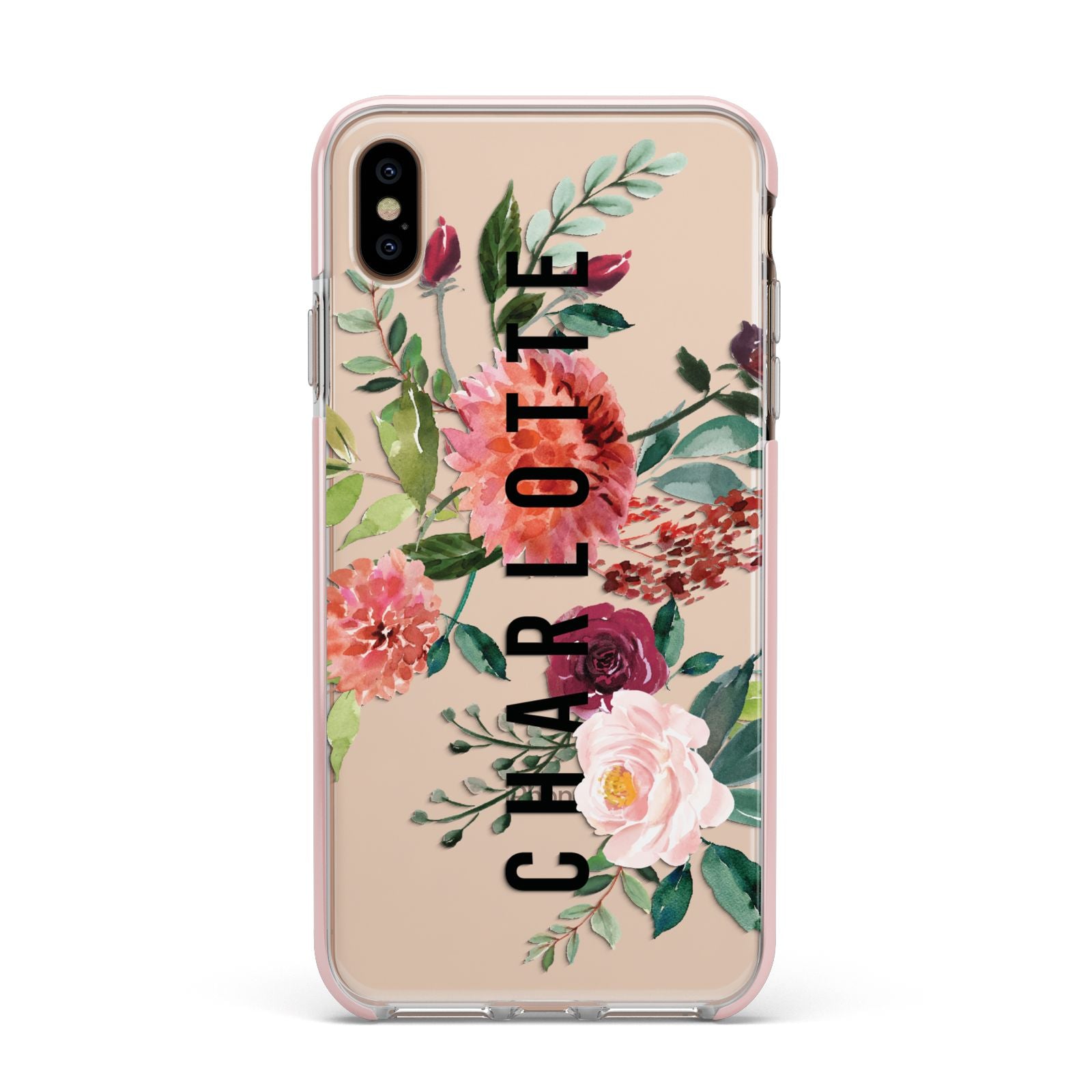 Personalised Side Name Clear Floral Apple iPhone Xs Max Impact Case Pink Edge on Gold Phone
