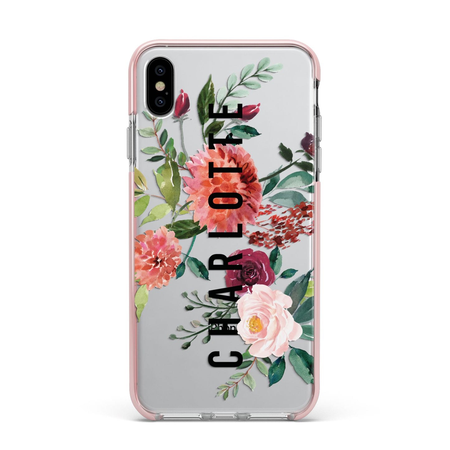 Personalised Side Name Clear Floral Apple iPhone Xs Max Impact Case Pink Edge on Silver Phone