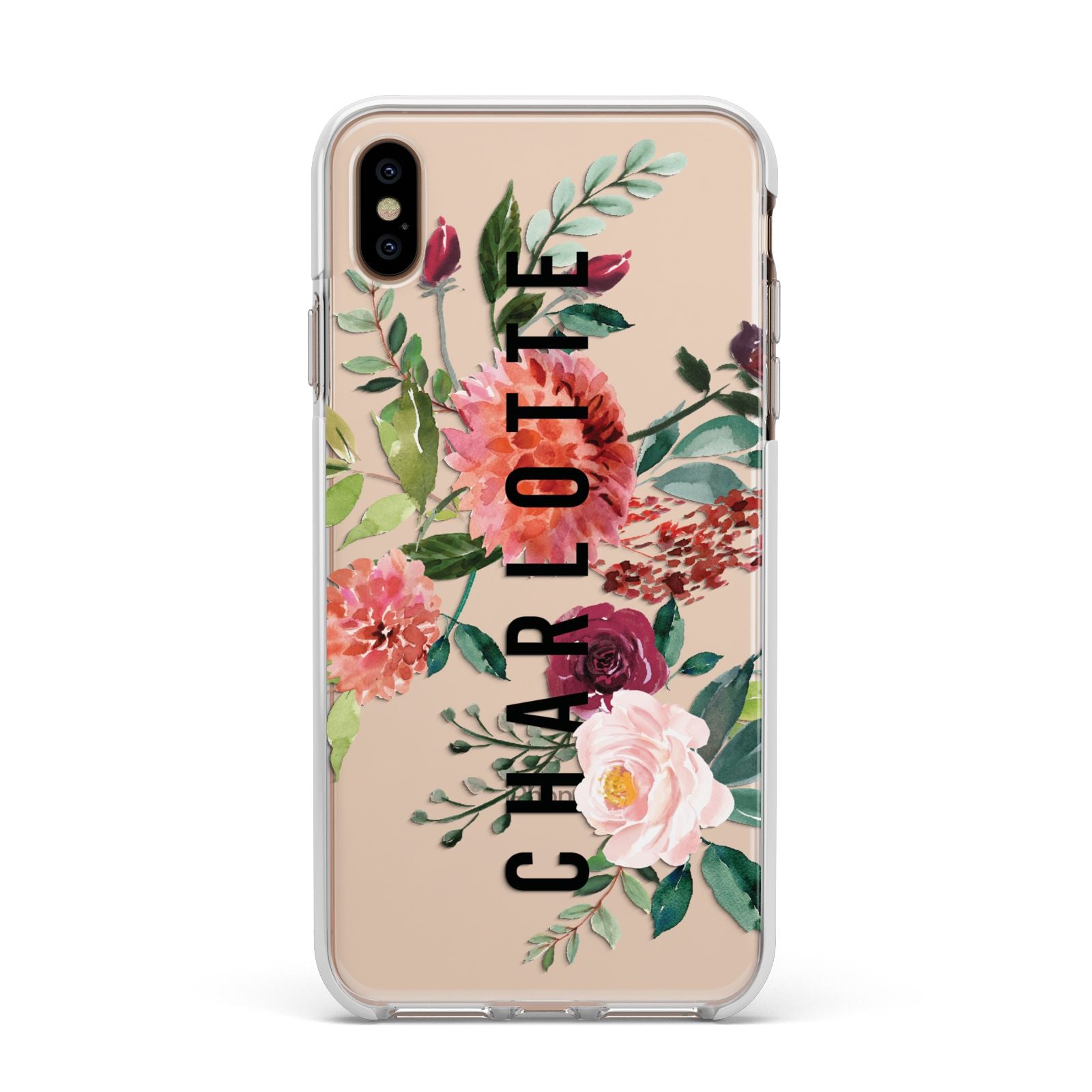 Personalised Side Name Clear Floral Apple iPhone Xs Max Impact Case White Edge on Gold Phone