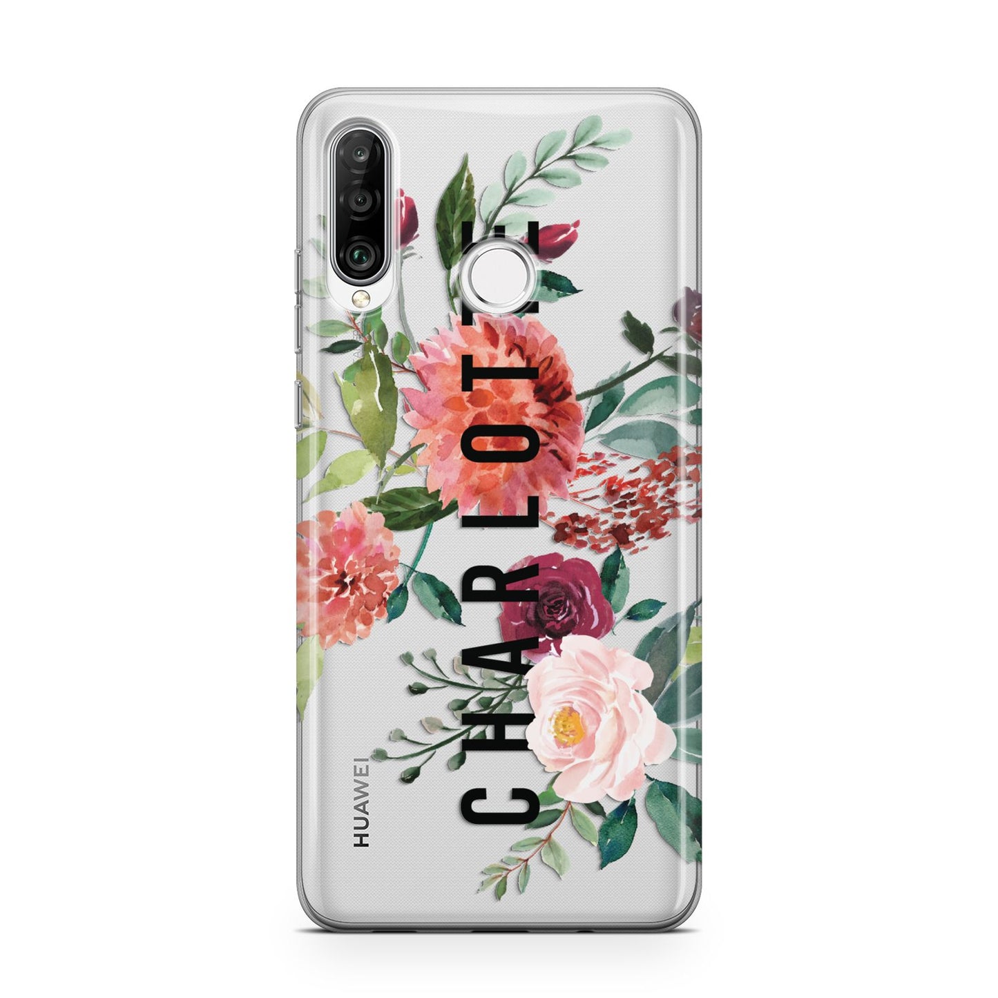 Personalised Side Name Clear Floral Huawei P30 Lite Phone Case