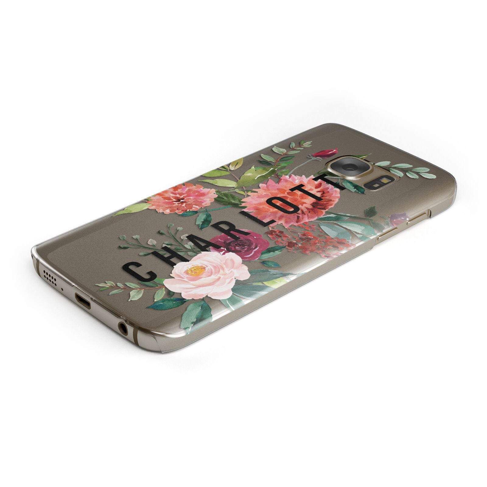 Personalised Side Name Clear Floral Protective Samsung Galaxy Case Angled Image
