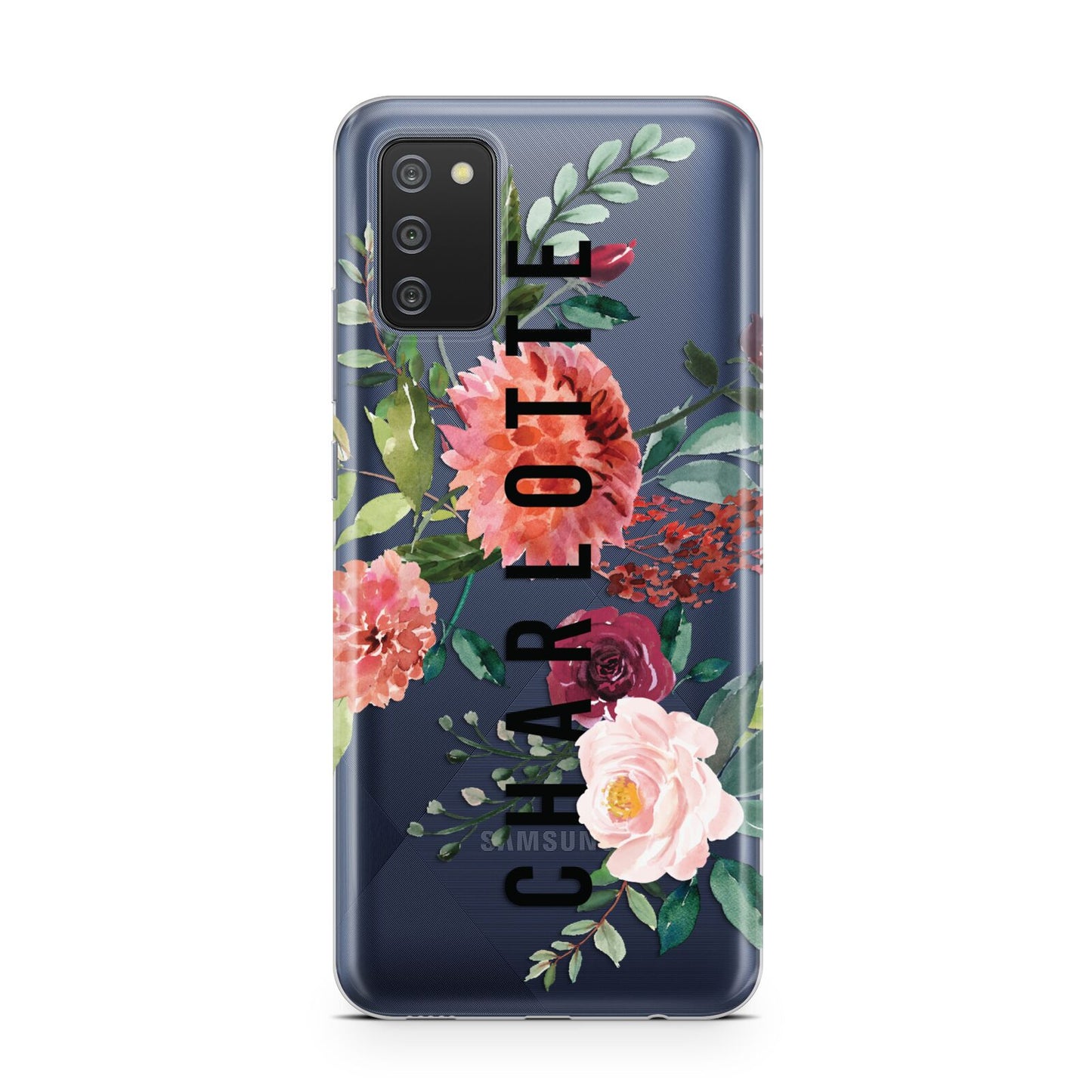 Personalised Side Name Clear Floral Samsung A02s Case