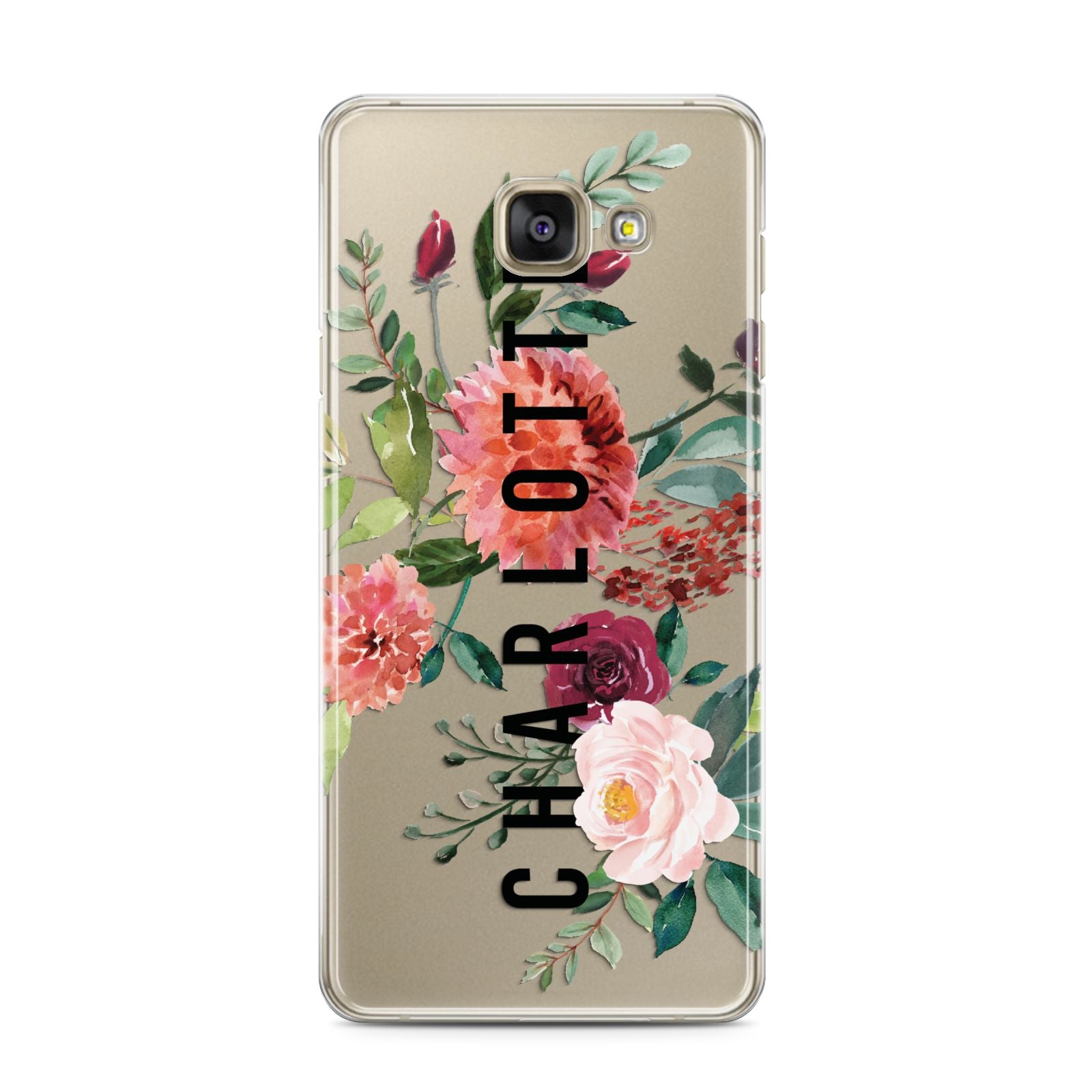 Personalised Side Name Clear Floral Samsung Galaxy A3 2016 Case on gold phone