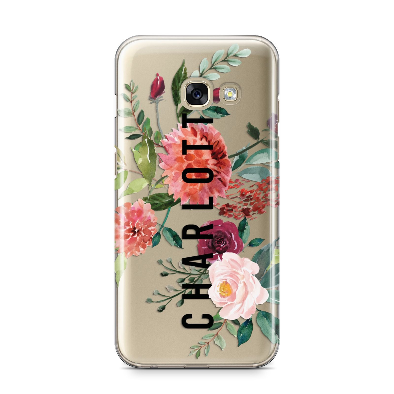 Personalised Side Name Clear Floral Samsung Galaxy A3 2017 Case on gold phone
