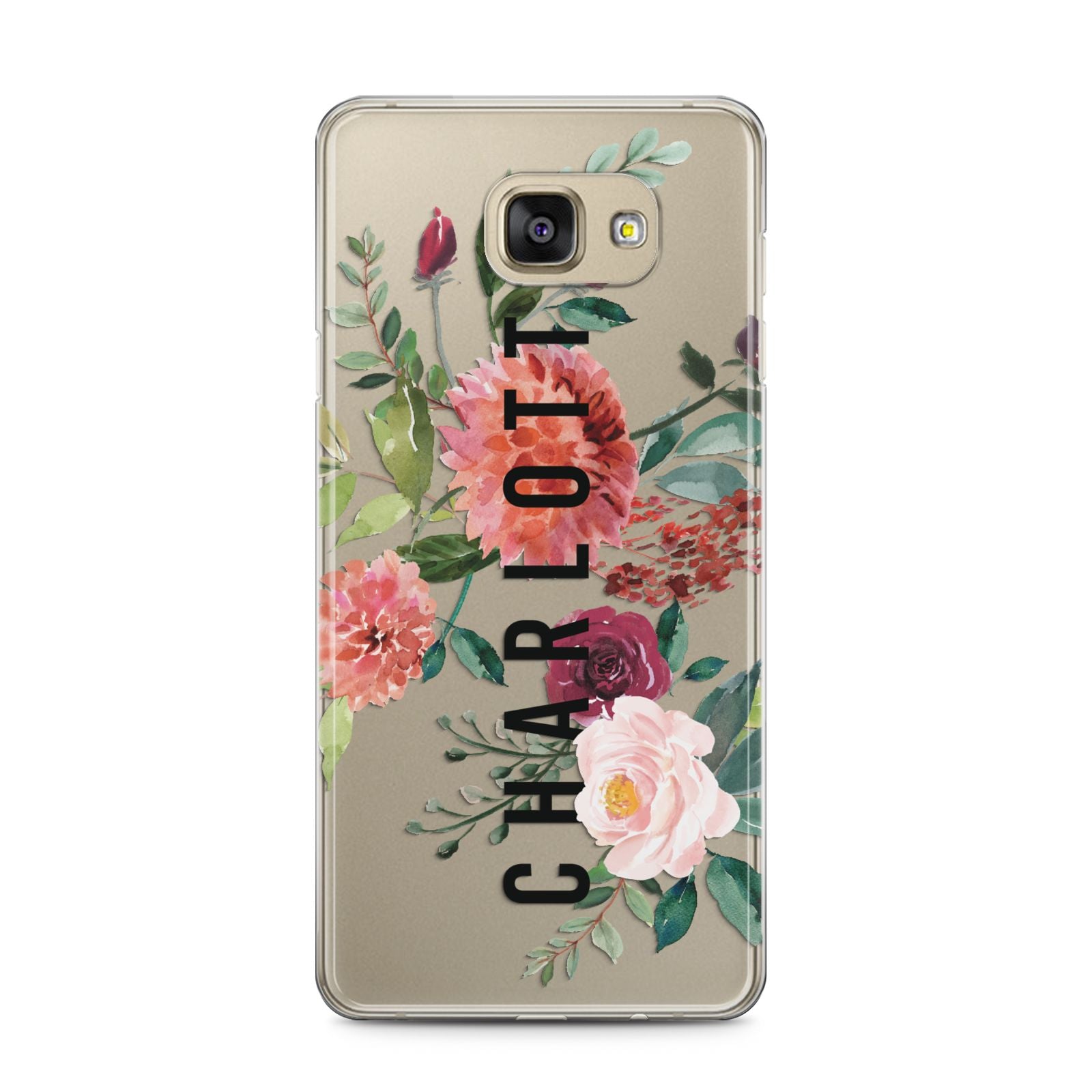 Personalised Side Name Clear Floral Samsung Galaxy A5 2016 Case on gold phone