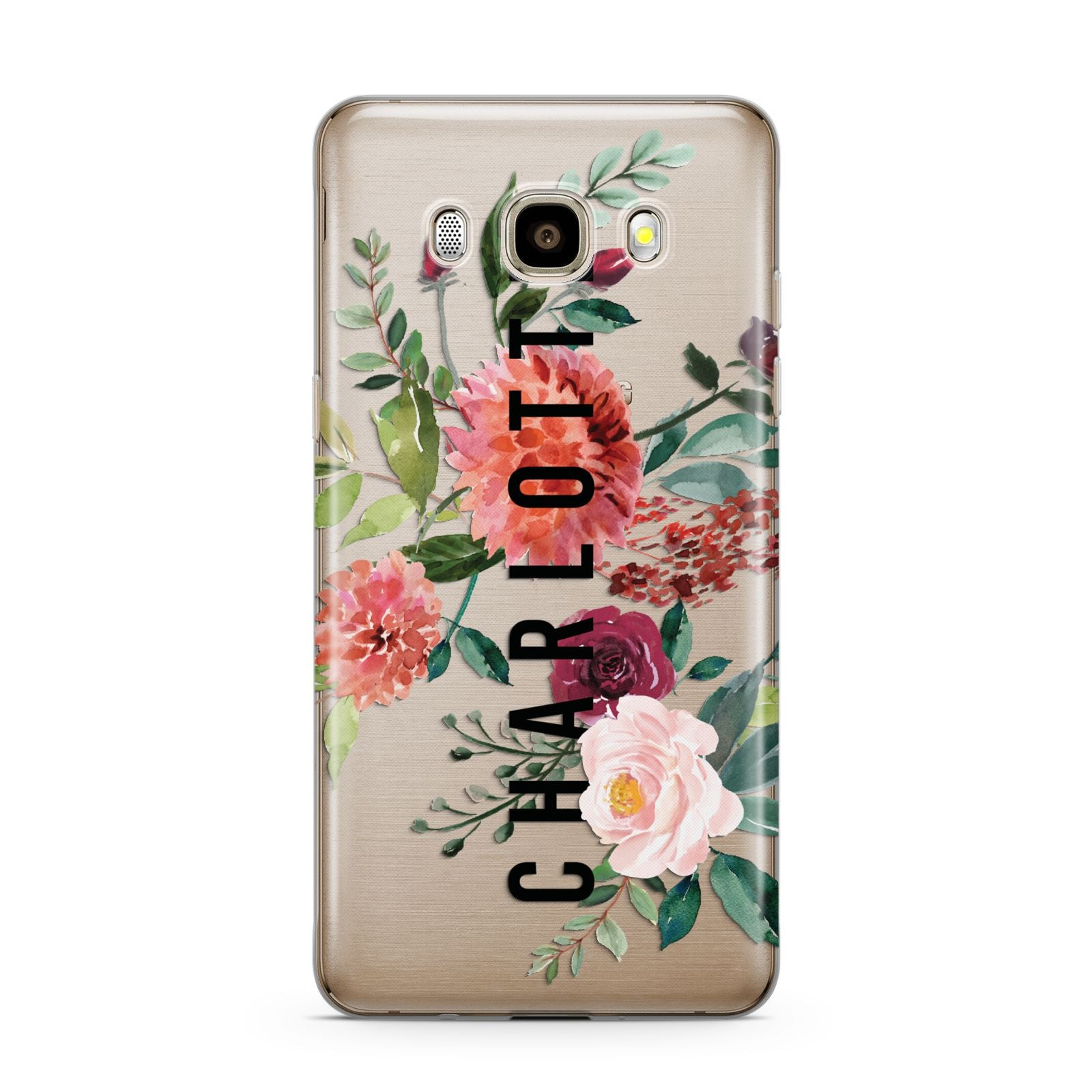 Personalised Side Name Clear Floral Samsung Galaxy J7 2016 Case on gold phone