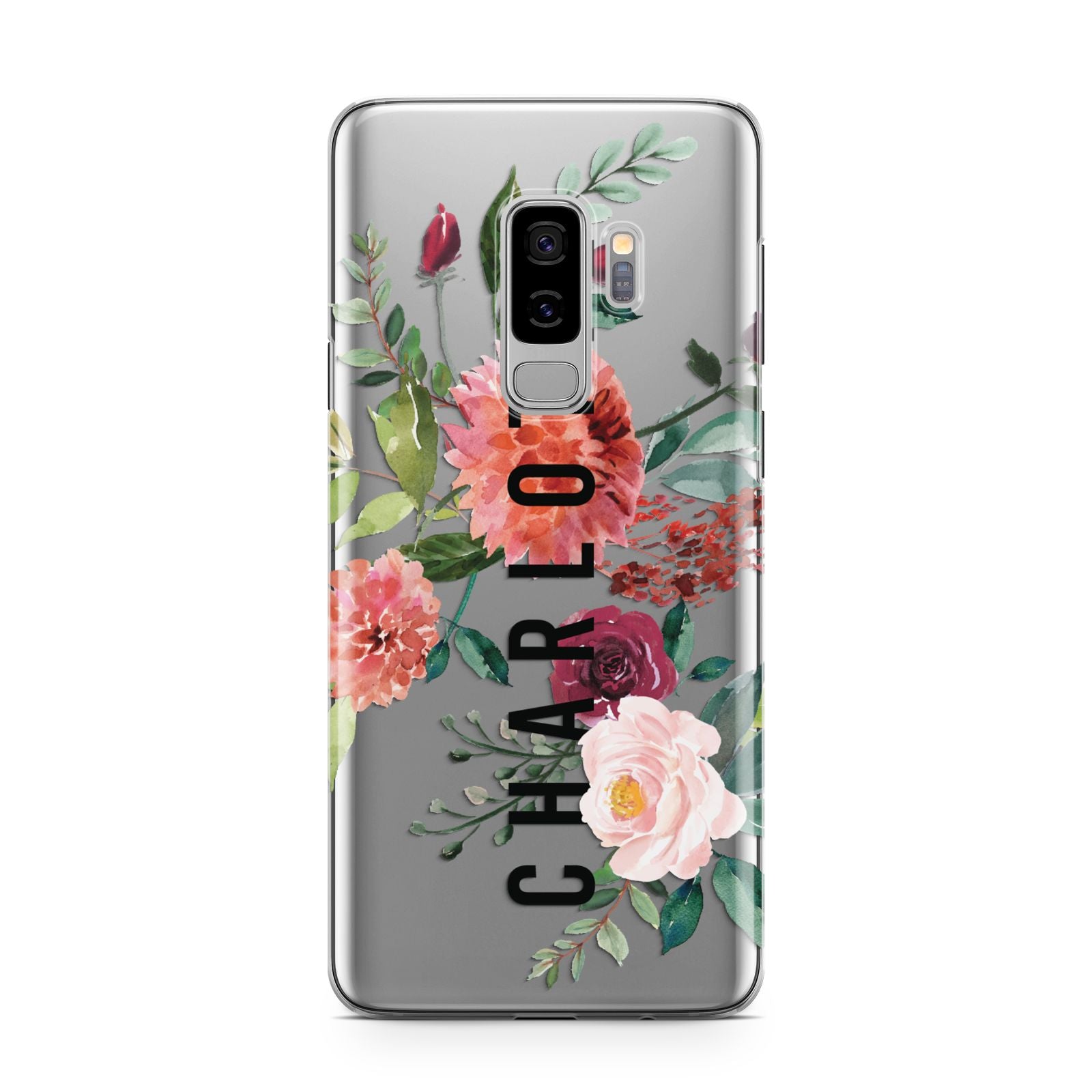 Personalised Side Name Clear Floral Samsung Galaxy S9 Plus Case on Silver phone