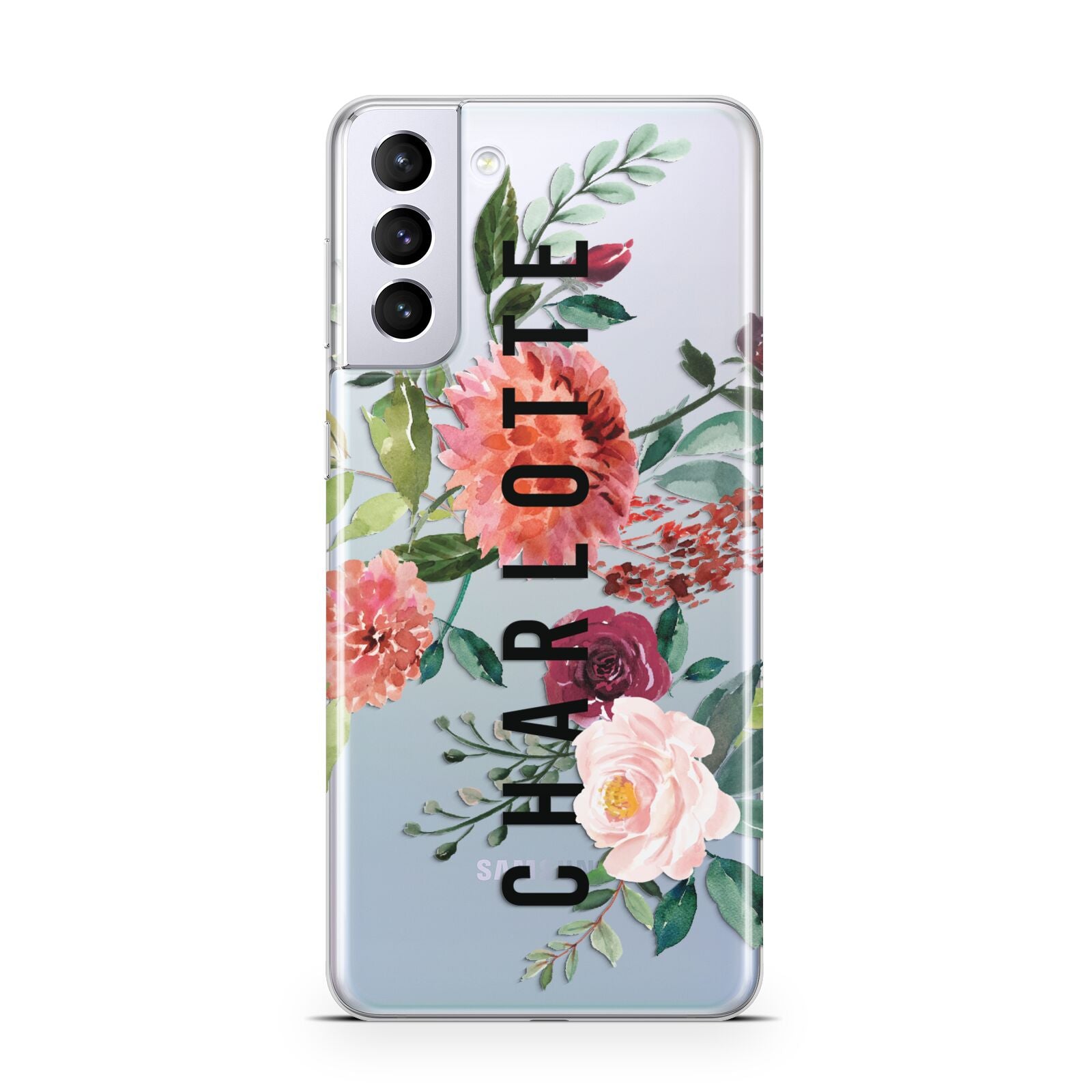 Personalised Side Name Clear Floral Samsung S21 Plus Case