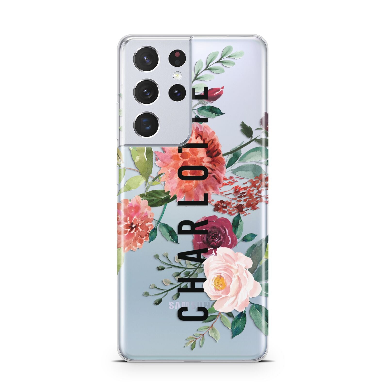Personalised Side Name Clear Floral Samsung S21 Ultra Case