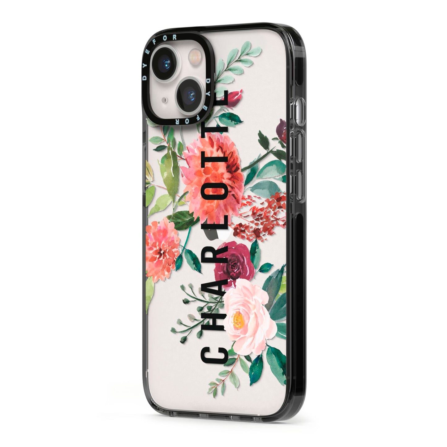 Personalised Side Name Clear Floral iPhone 13 Black Impact Case Side Angle on Silver phone