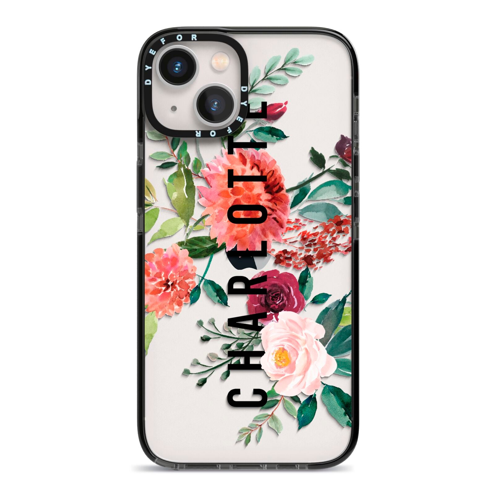 Personalised Side Name Clear Floral iPhone 13 Black Impact Case on Silver phone