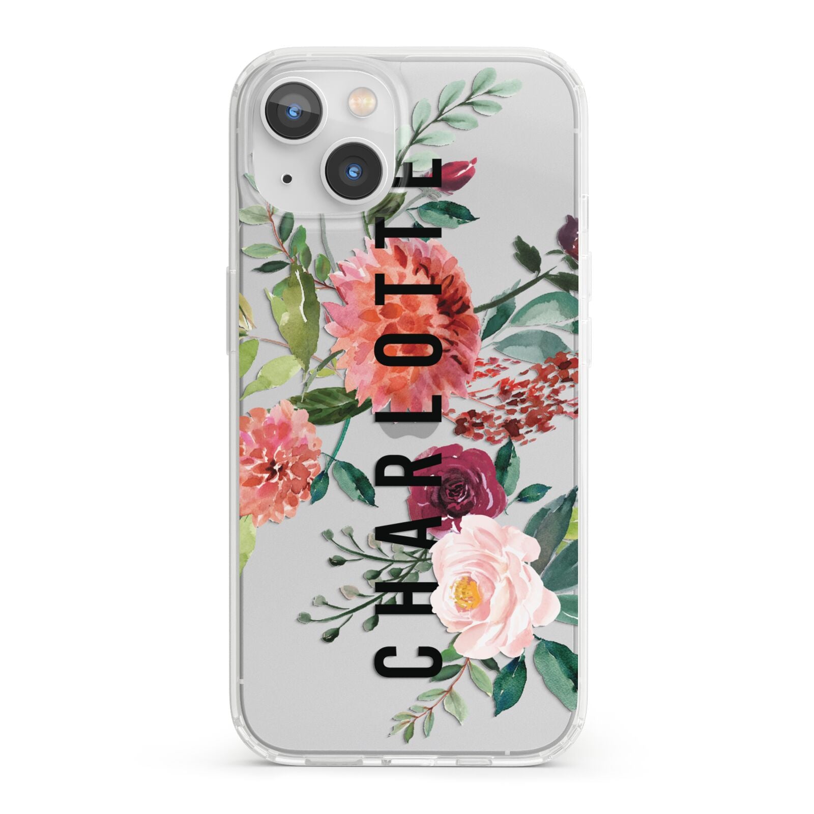 Personalised Side Name Clear Floral iPhone 13 Clear Bumper Case