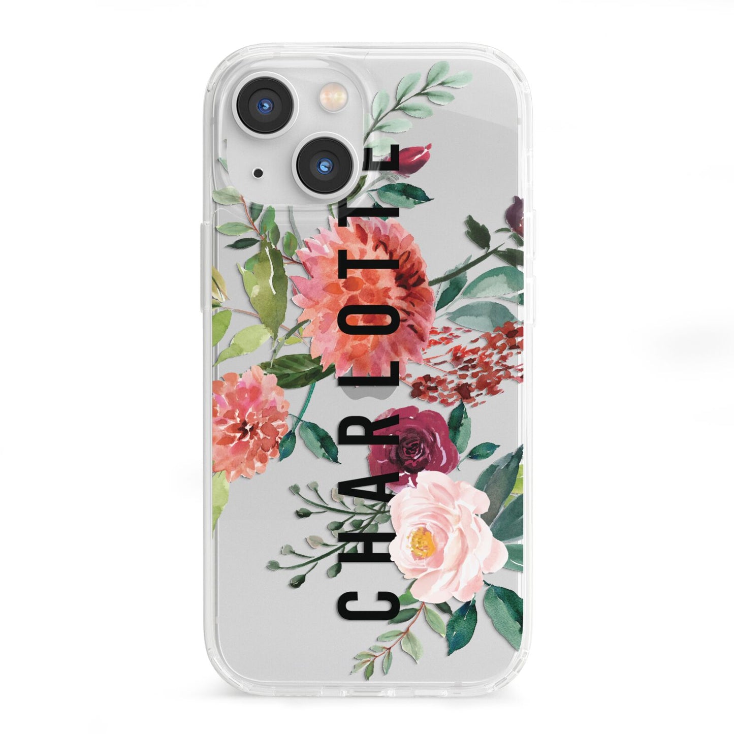 Personalised Side Name Clear Floral iPhone 13 Mini Clear Bumper Case