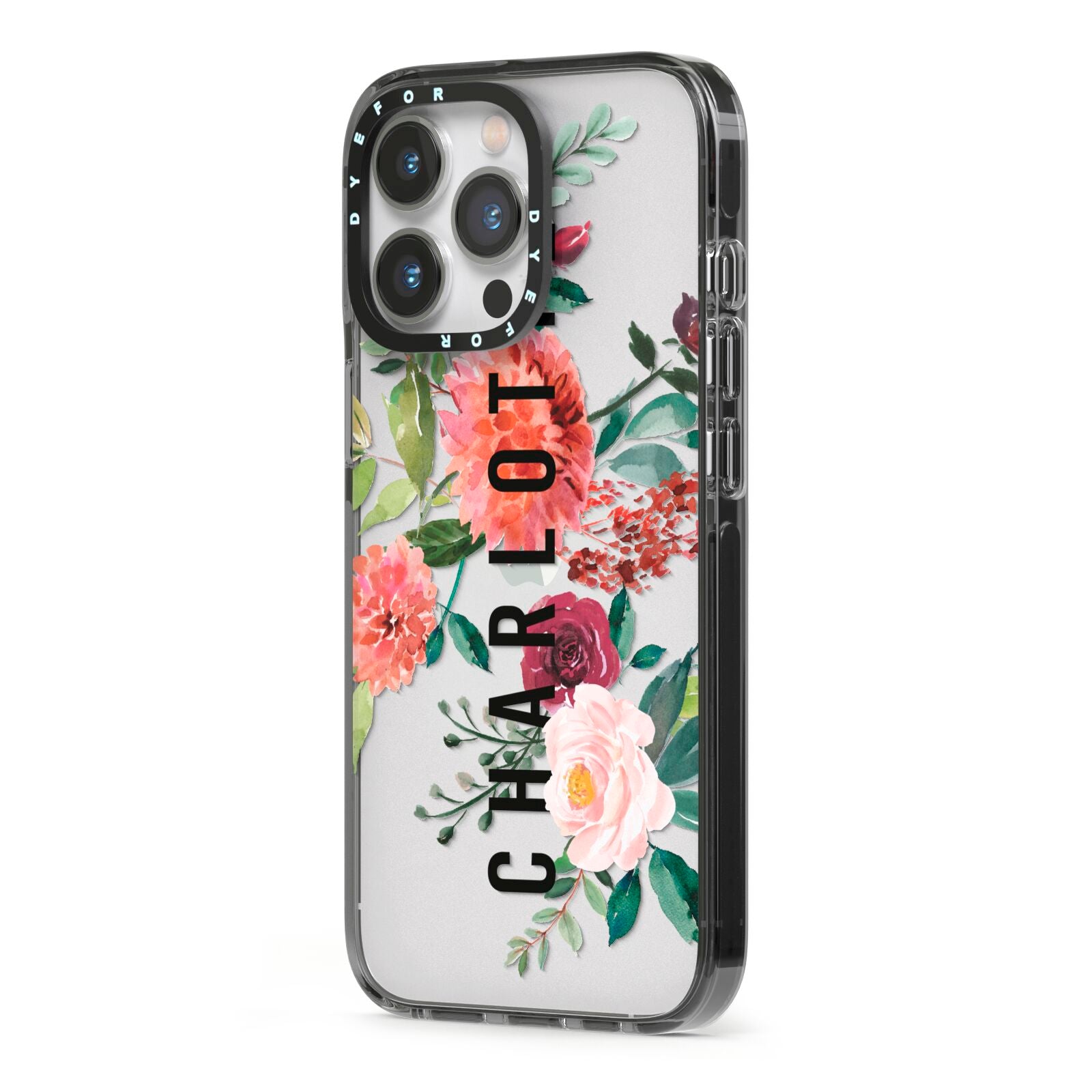 Personalised Side Name Clear Floral iPhone 13 Pro Black Impact Case Side Angle on Silver phone