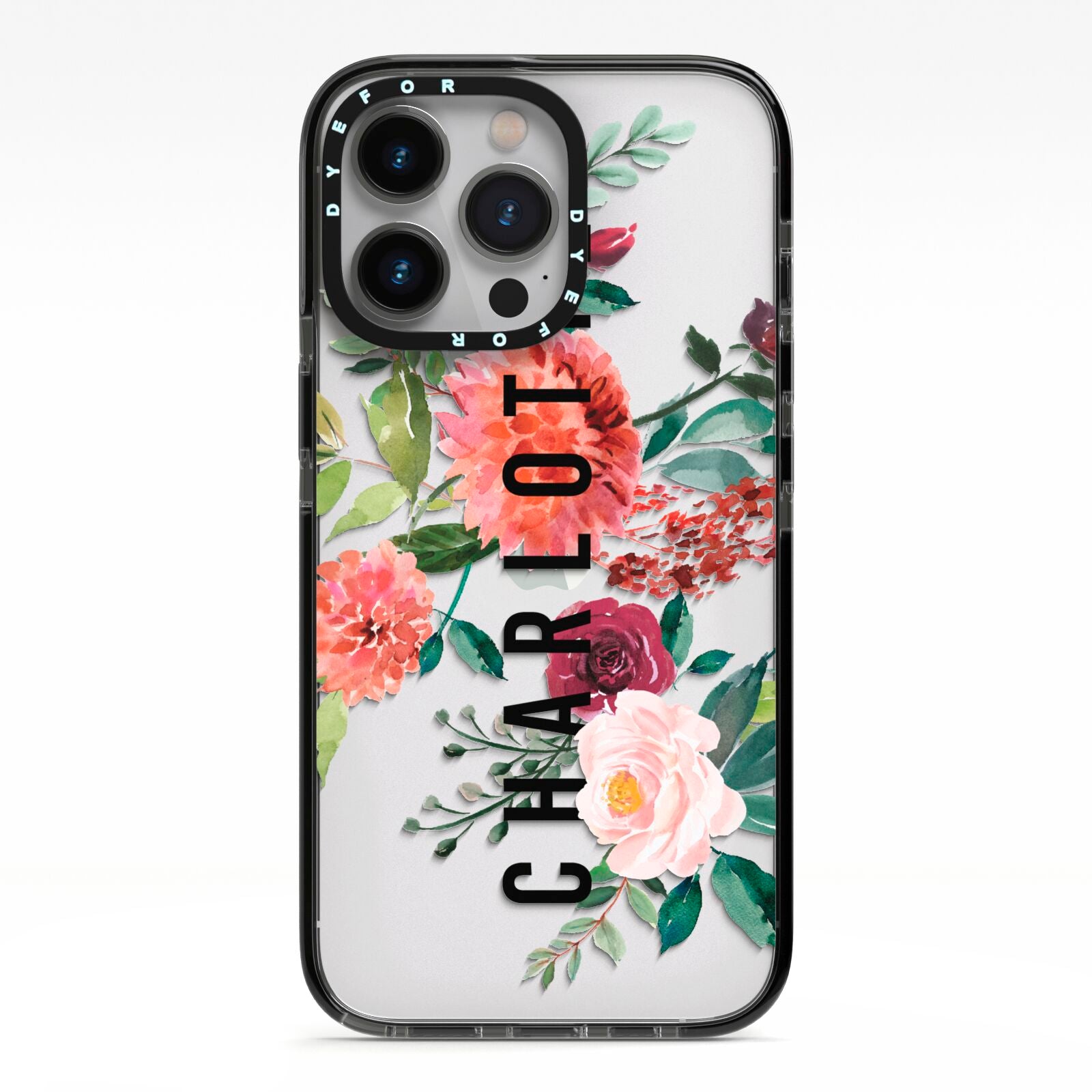 Personalised Side Name Clear Floral iPhone 13 Pro Black Impact Case on Silver phone