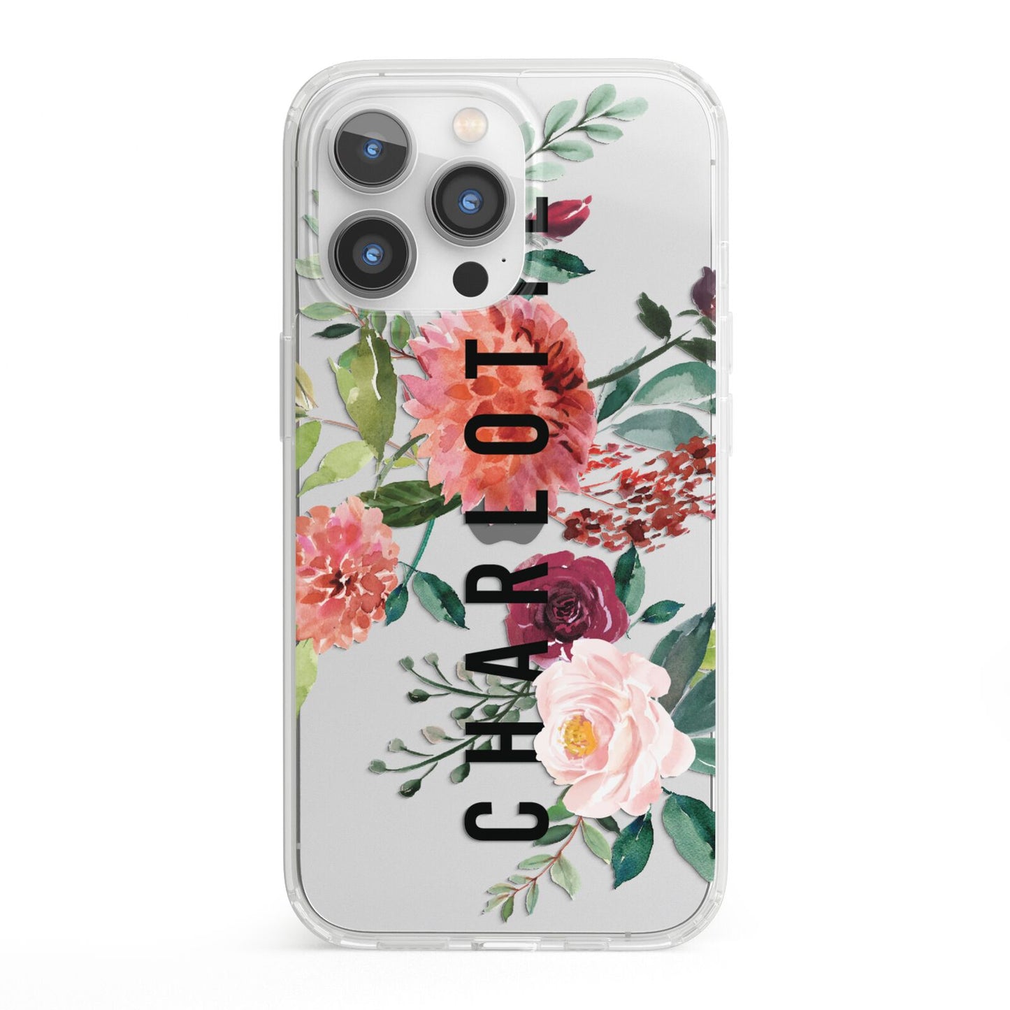 Personalised Side Name Clear Floral iPhone 13 Pro Clear Bumper Case