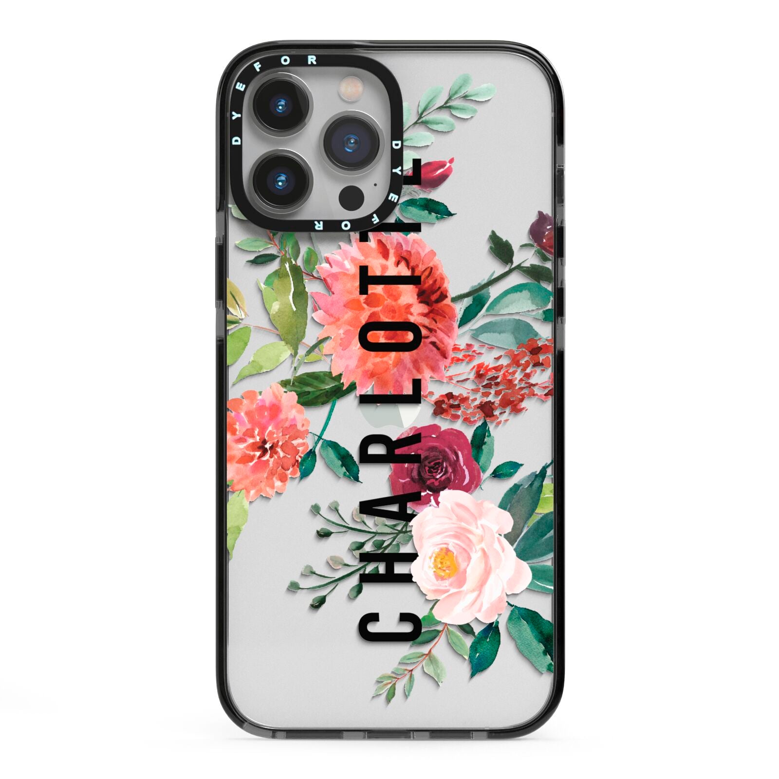 Personalised Side Name Clear Floral iPhone 13 Pro Max Black Impact Case on Silver phone