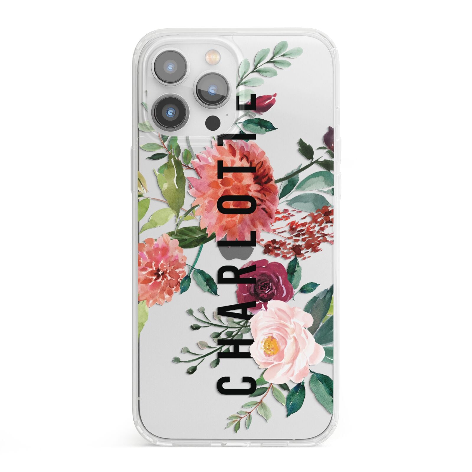 Personalised Side Name Clear Floral iPhone 13 Pro Max Clear Bumper Case