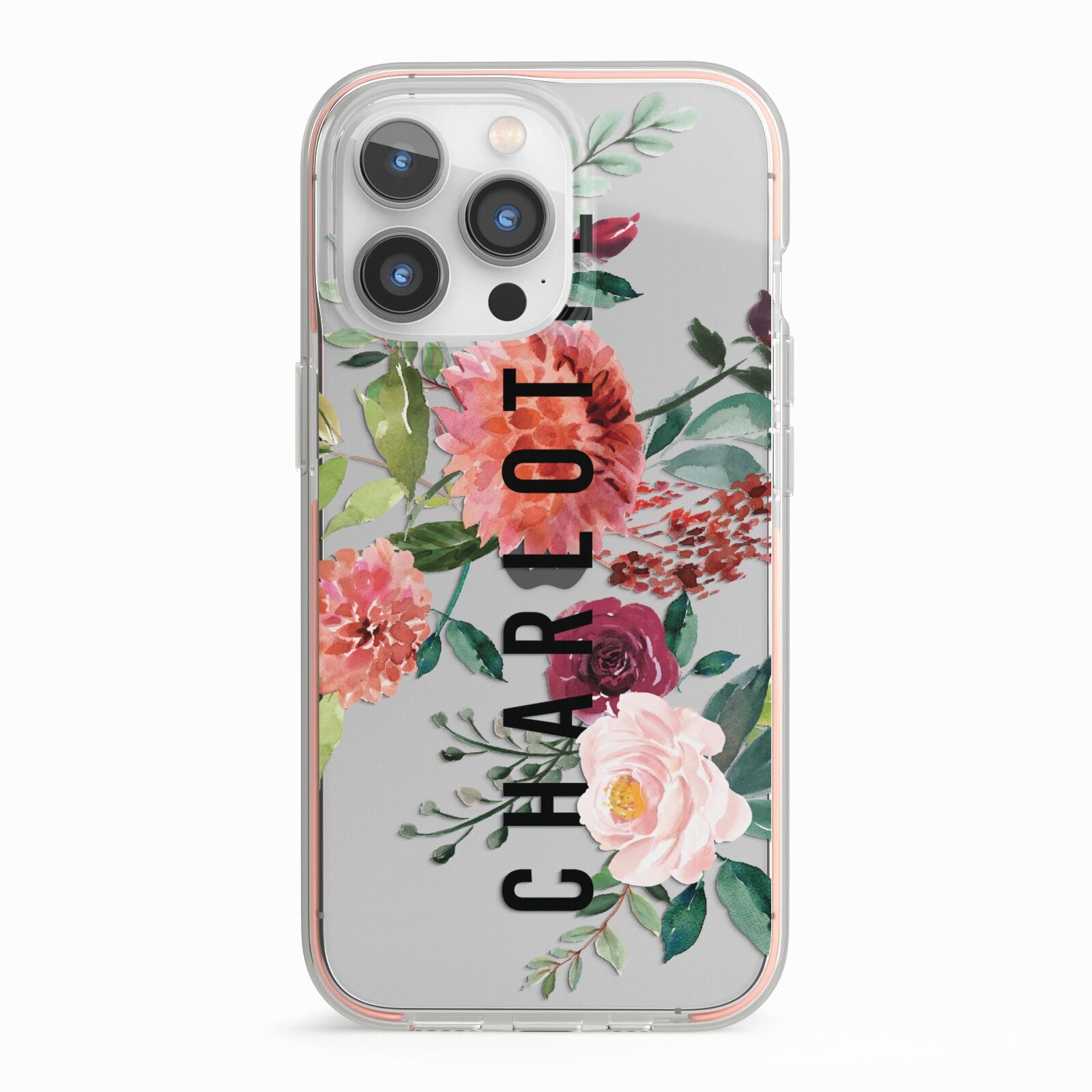 Personalised Side Name Clear Floral iPhone 13 Pro TPU Impact Case with Pink Edges