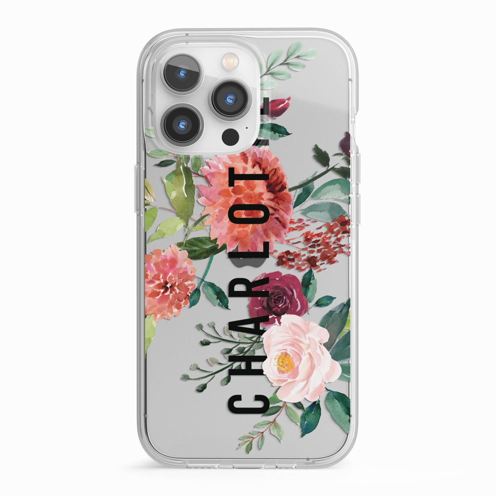 Personalised Side Name Clear Floral iPhone 13 Pro TPU Impact Case with White Edges