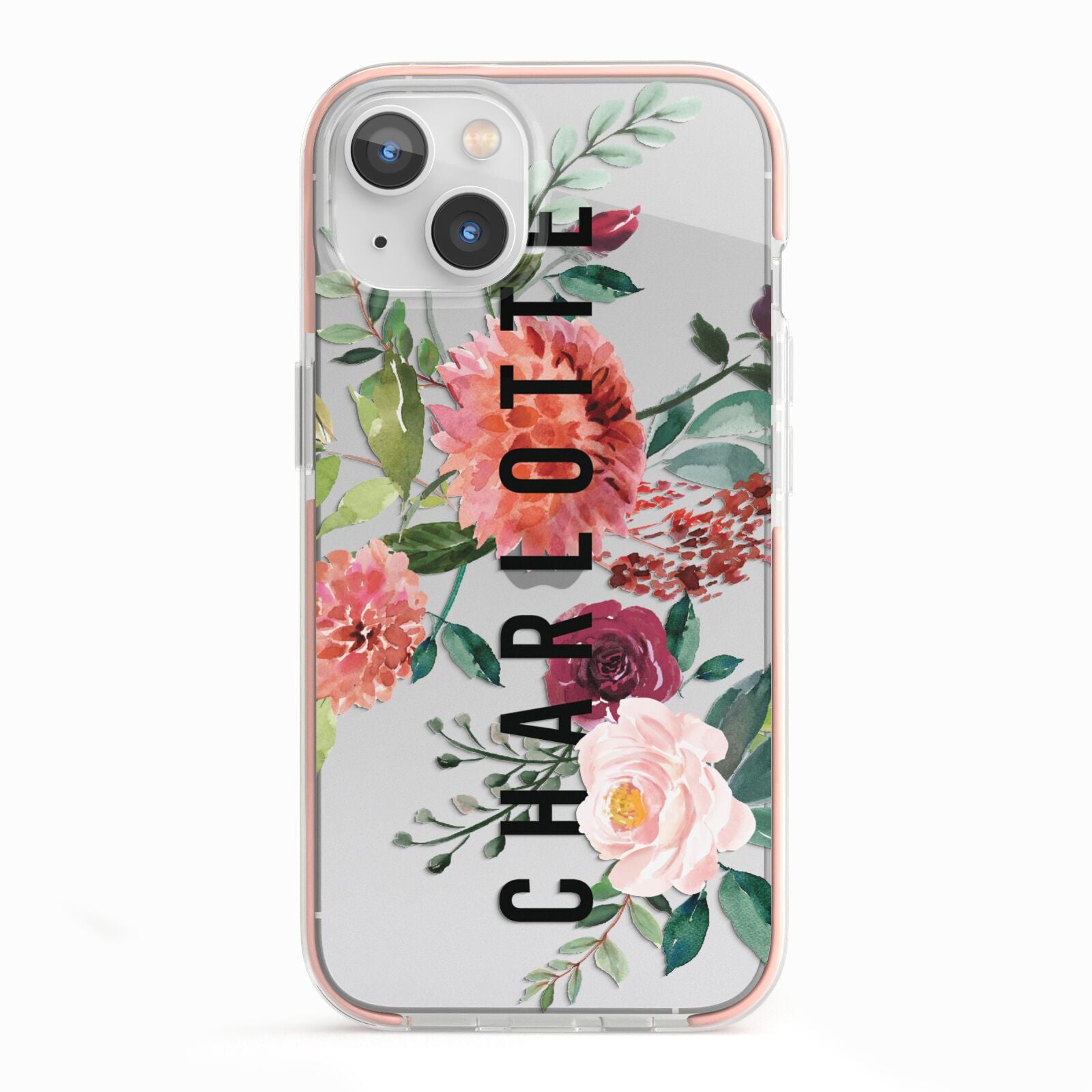 Personalised Side Name Clear Floral iPhone 13 TPU Impact Case with Pink Edges