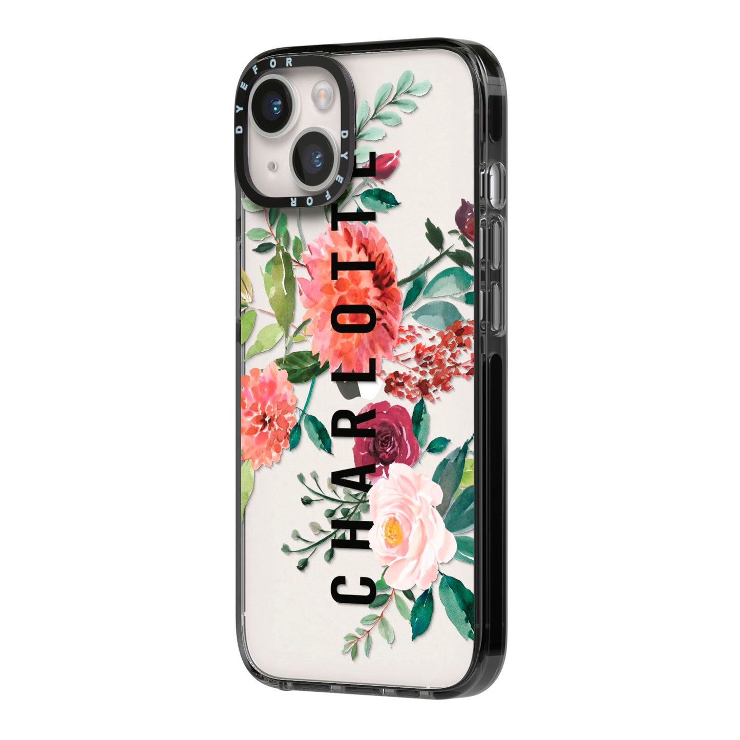 Personalised Side Name Clear Floral iPhone 14 Black Impact Case Side Angle on Silver phone