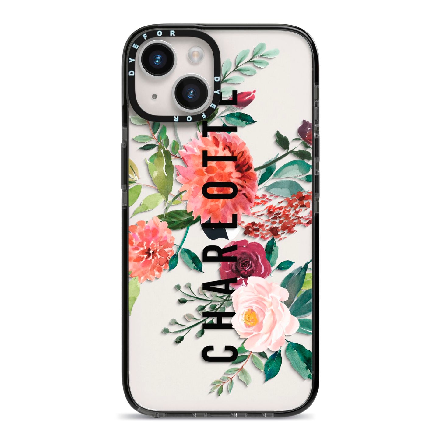 Personalised Side Name Clear Floral iPhone 14 Black Impact Case on Silver phone