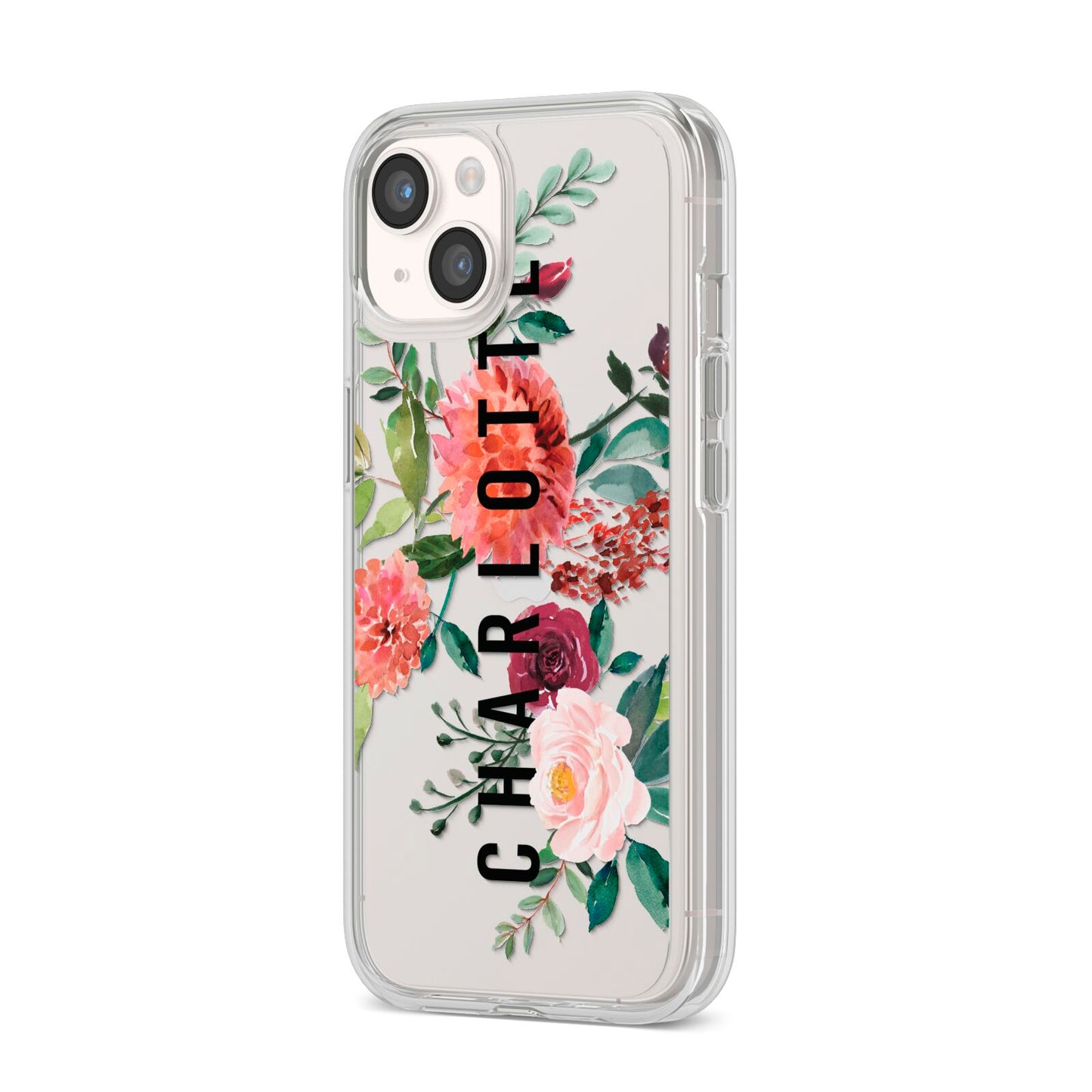 Personalised Side Name Clear Floral iPhone 14 Clear Tough Case Starlight Angled Image