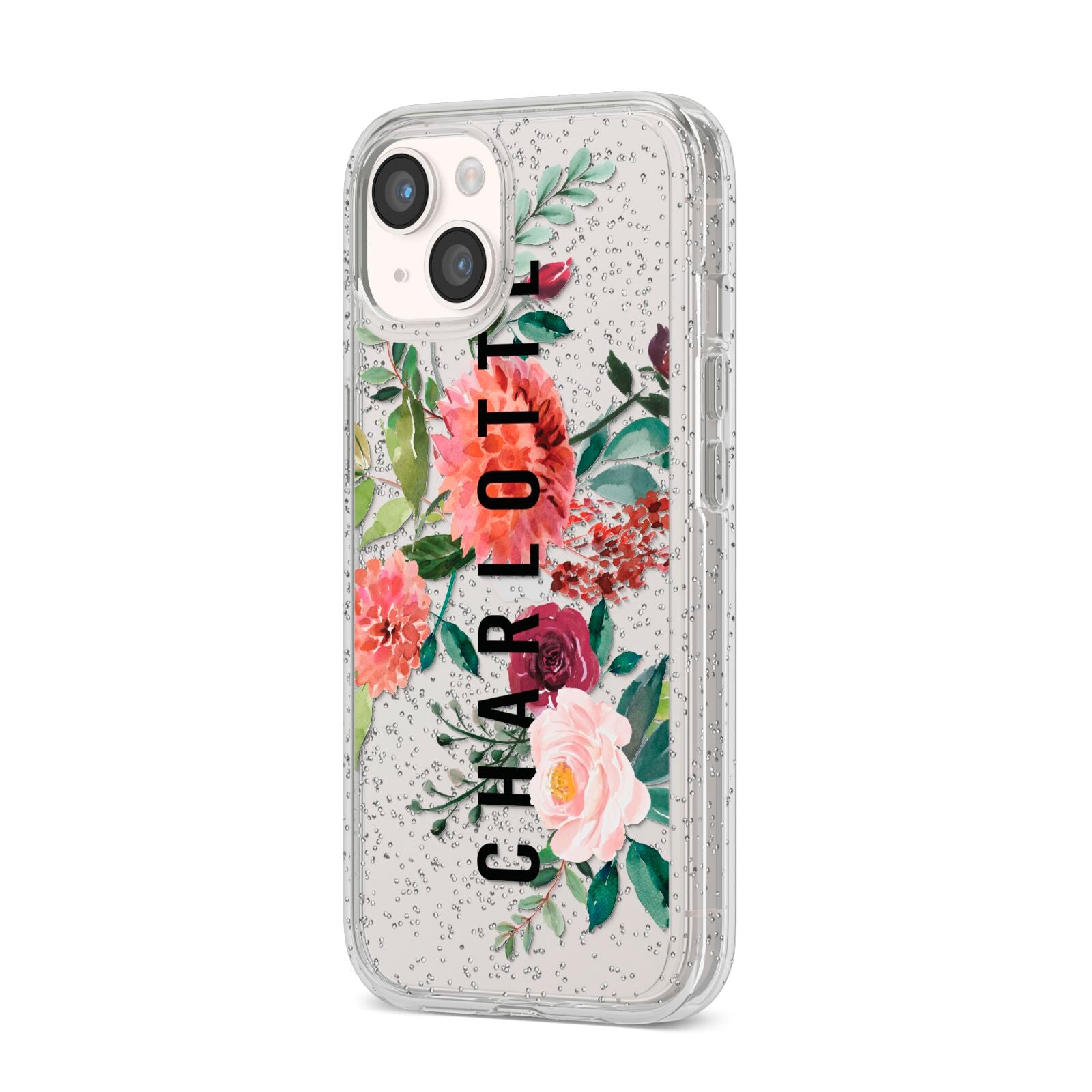 Personalised Side Name Clear Floral iPhone 14 Glitter Tough Case Starlight Angled Image