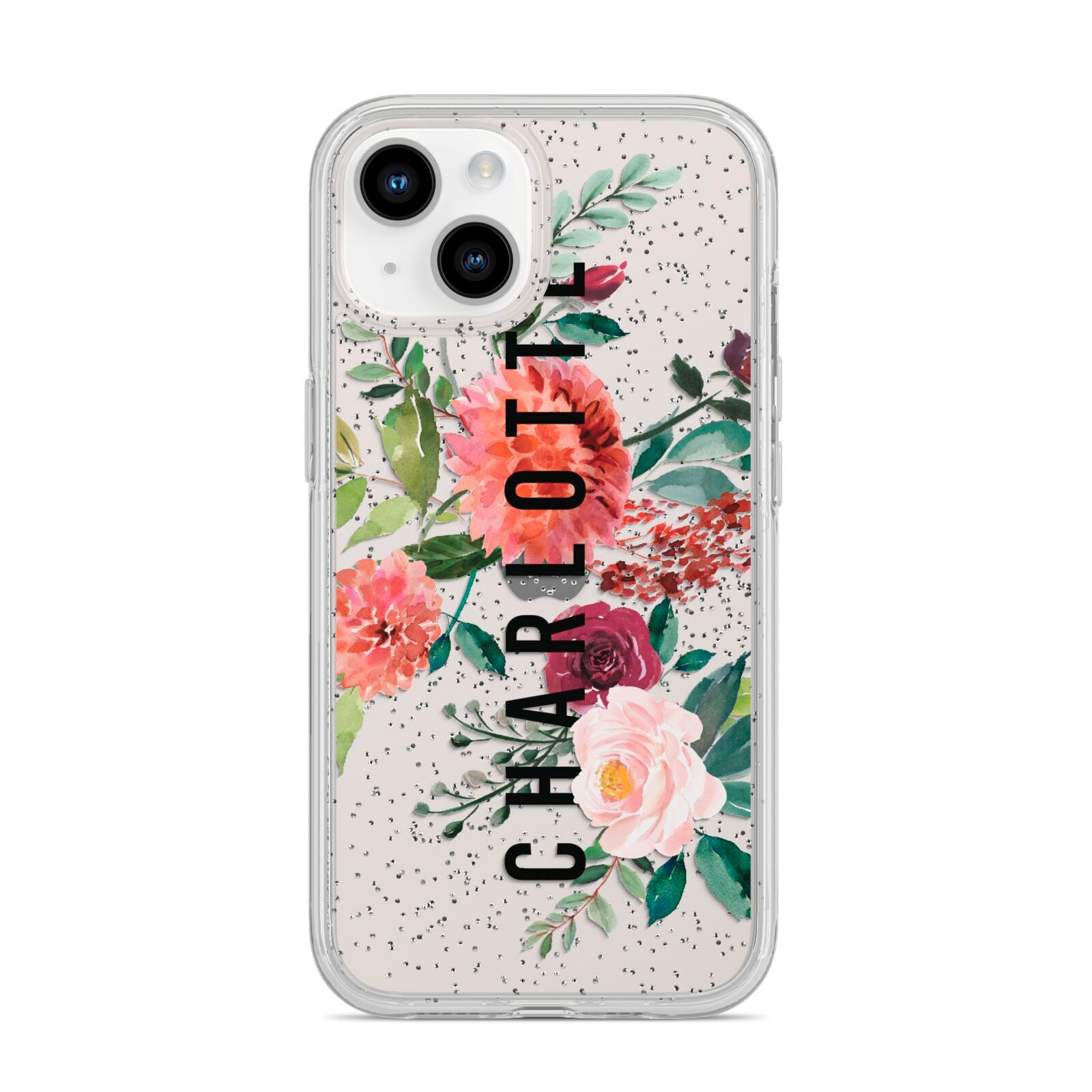 Personalised Side Name Clear Floral iPhone 14 Glitter Tough Case Starlight