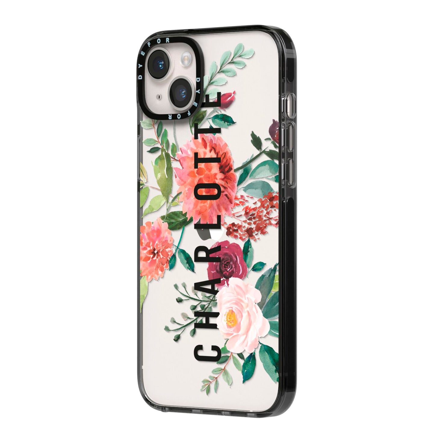 Personalised Side Name Clear Floral iPhone 14 Plus Black Impact Case Side Angle on Silver phone