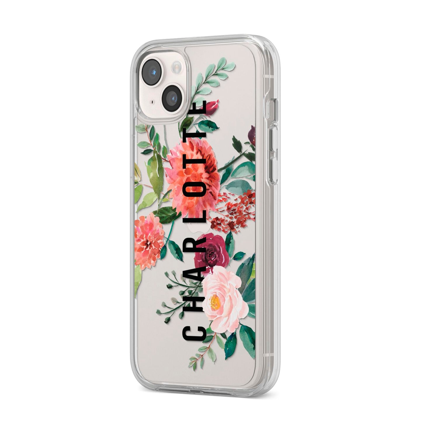 Personalised Side Name Clear Floral iPhone 14 Plus Clear Tough Case Starlight Angled Image