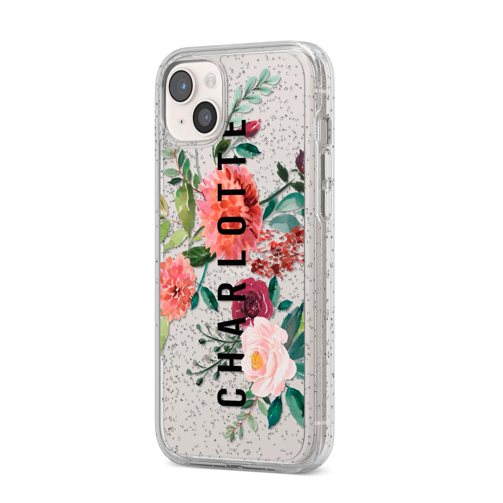 Personalised Side Name Clear Floral iPhone 14 Plus Glitter Tough Case Starlight Angled Image