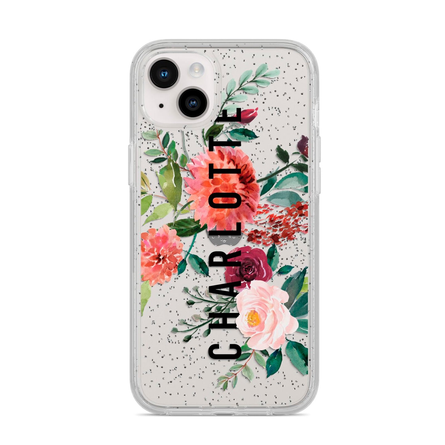 Personalised Side Name Clear Floral iPhone 14 Plus Glitter Tough Case Starlight