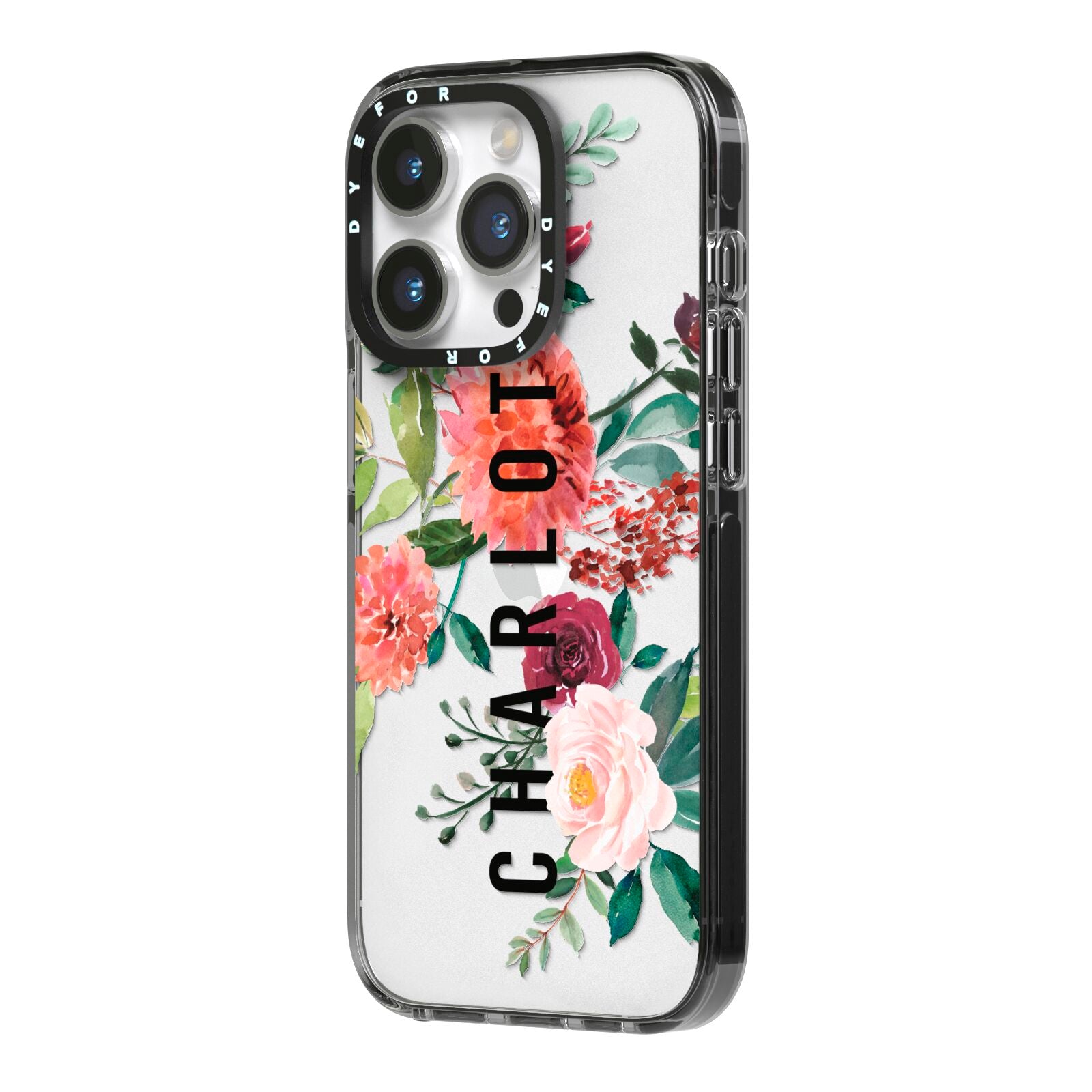 Personalised Side Name Clear Floral iPhone 14 Pro Black Impact Case Side Angle on Silver phone