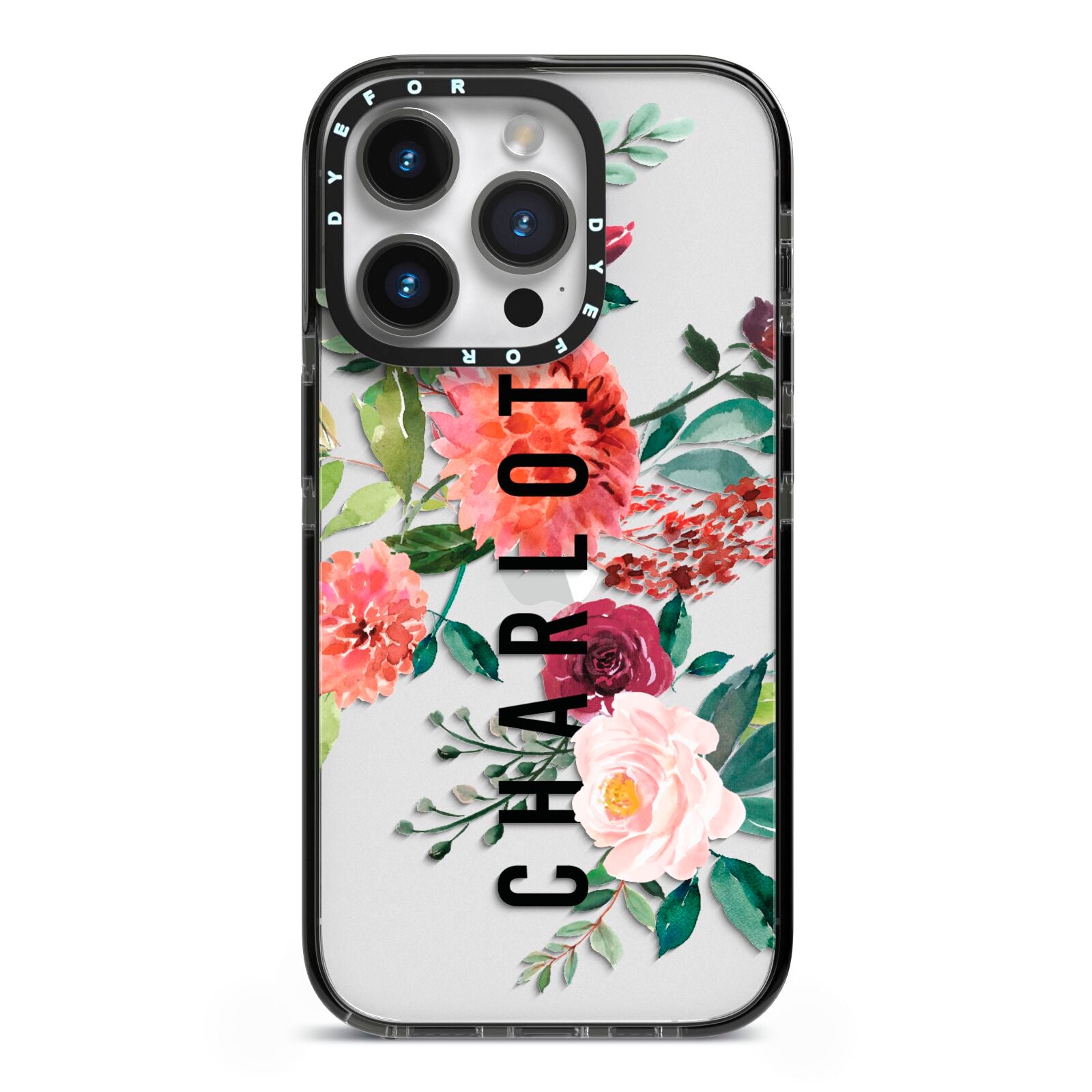 Personalised Side Name Clear Floral iPhone 14 Pro Black Impact Case on Silver phone