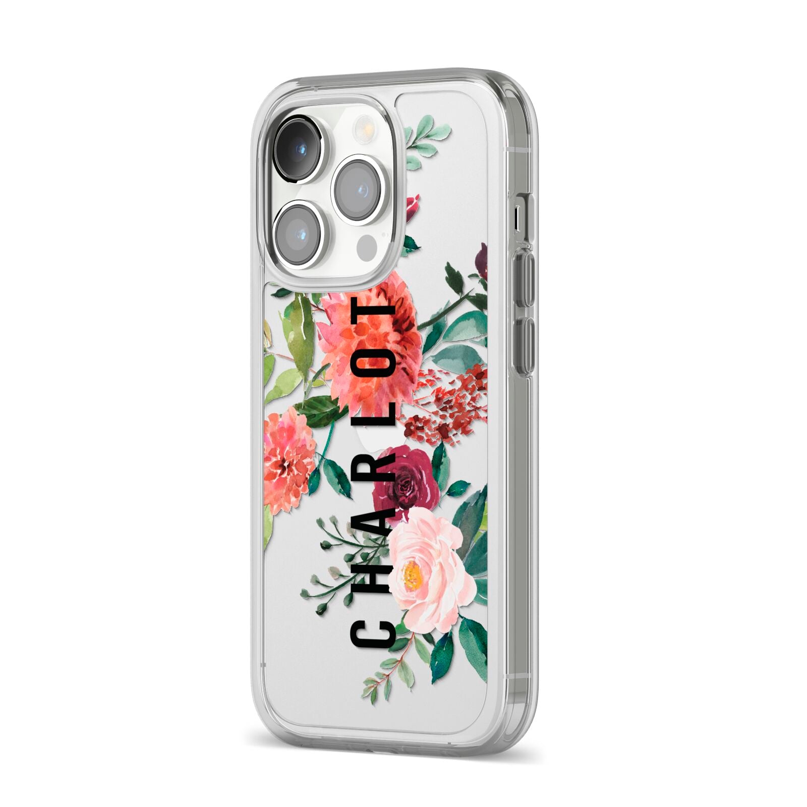 Personalised Side Name Clear Floral iPhone 14 Pro Clear Tough Case Silver Angled Image