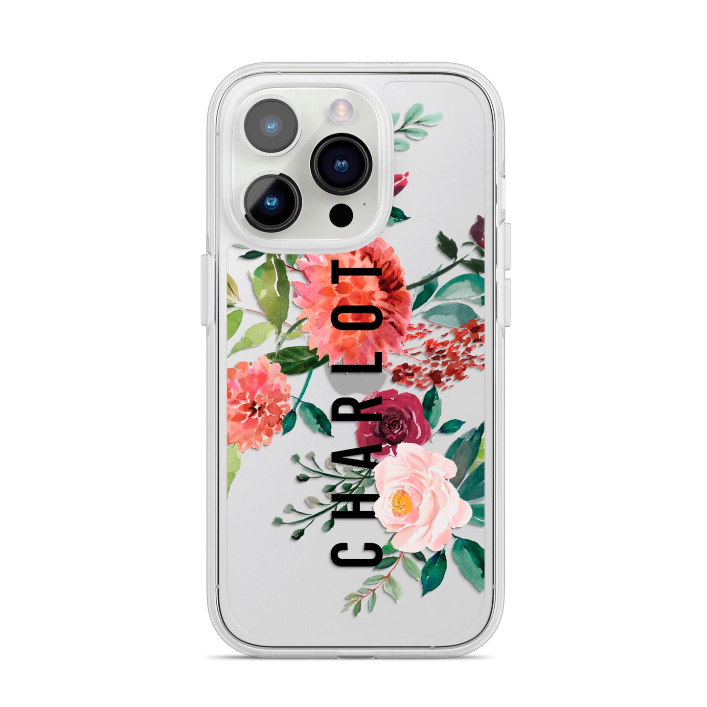 Personalised Side Name Clear Floral iPhone 14 Pro Clear Tough Case Silver