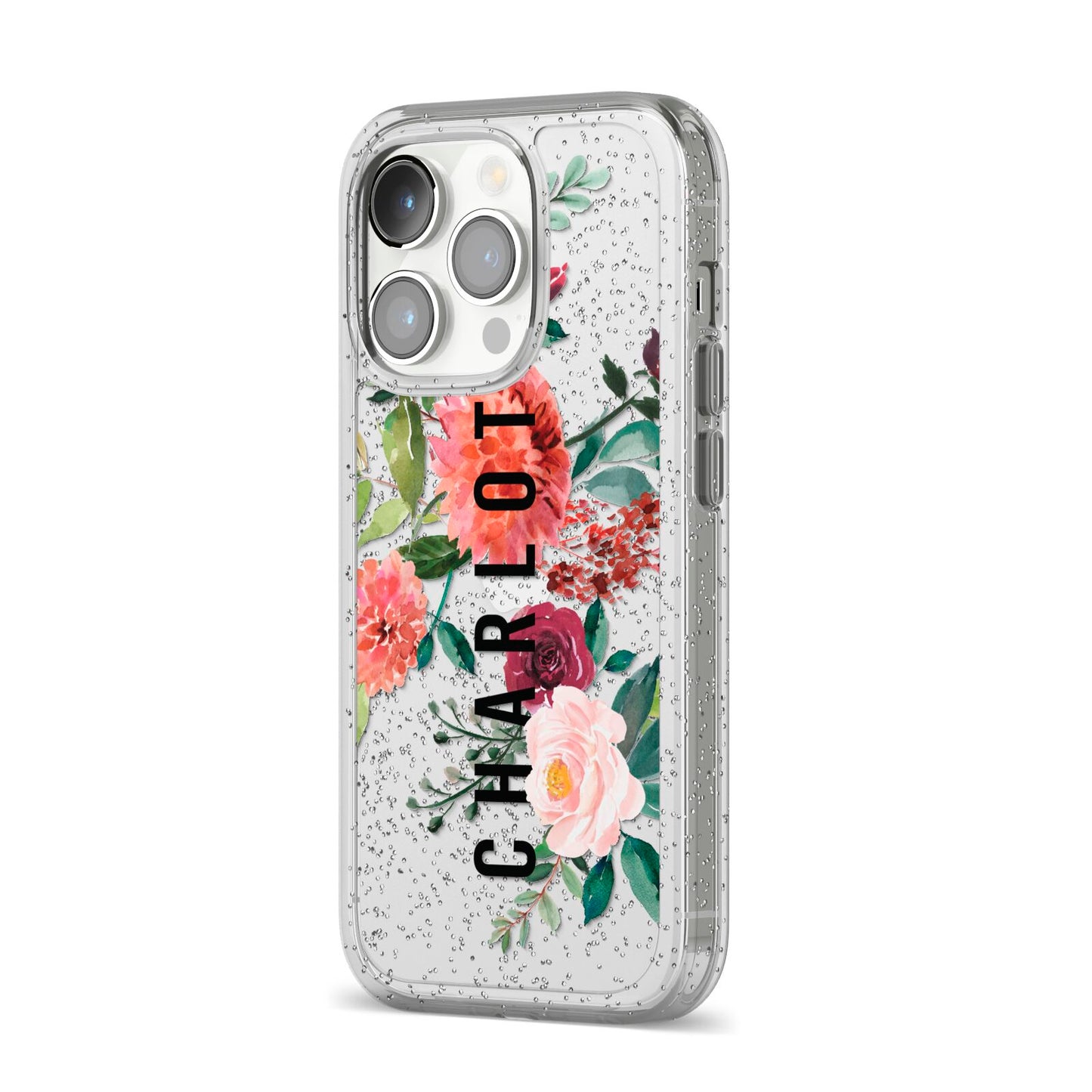 Personalised Side Name Clear Floral iPhone 14 Pro Glitter Tough Case Silver Angled Image