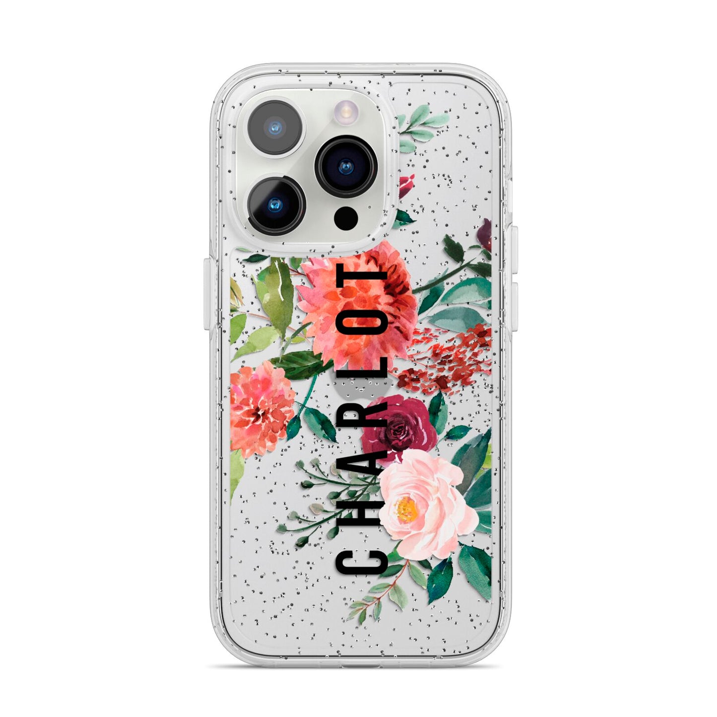 Personalised Side Name Clear Floral iPhone 14 Pro Glitter Tough Case Silver
