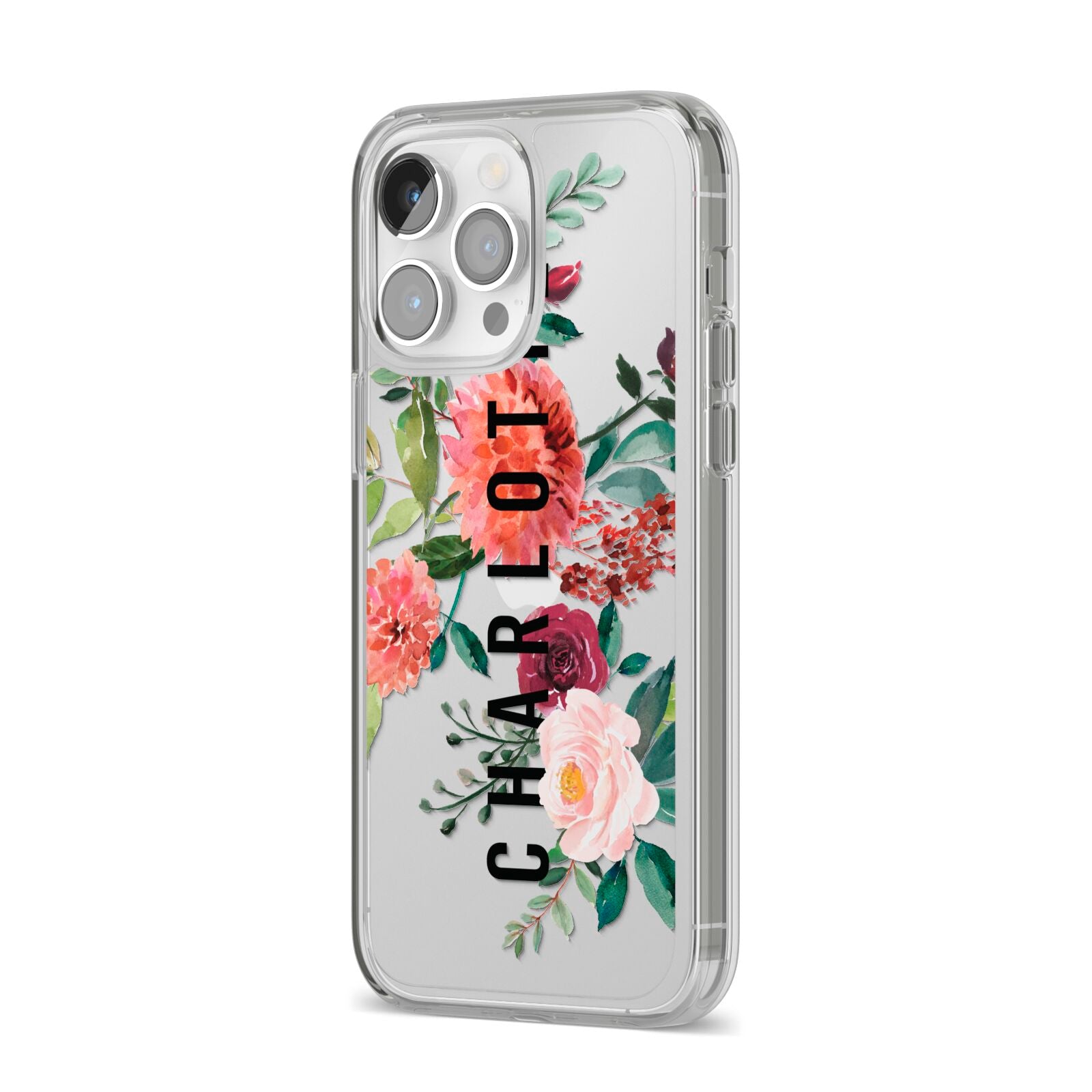 Personalised Side Name Clear Floral iPhone 14 Pro Max Clear Tough Case Silver Angled Image