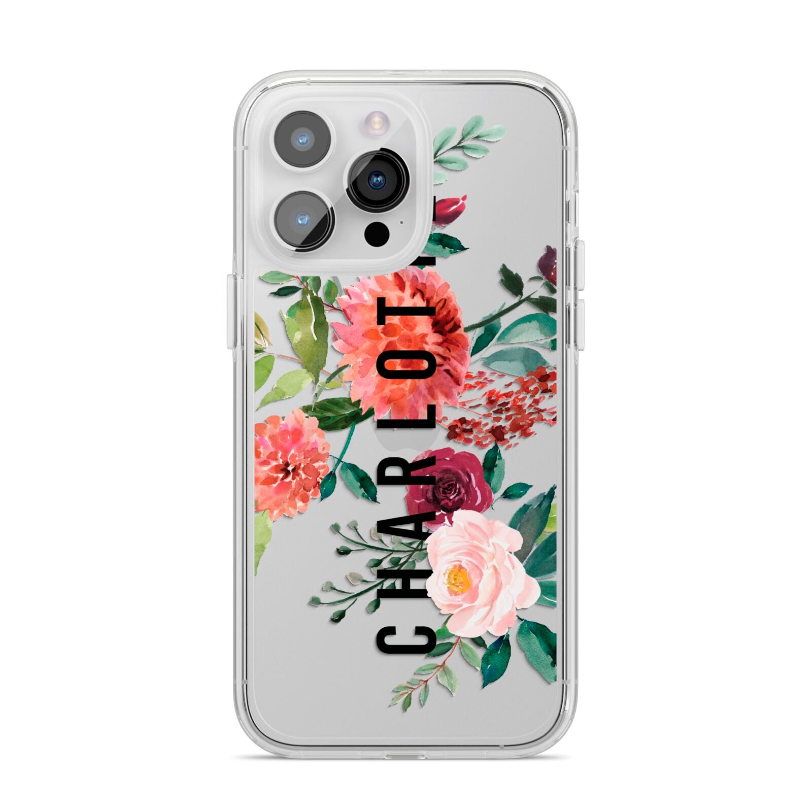 Personalised Side Name Clear Floral iPhone 14 Pro Max Clear Tough Case Silver